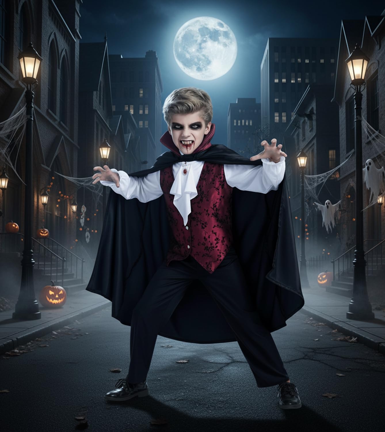 Bosvin Kids Vampire Costume - Gothic Outfit for Boys (Ages 5–7) with Teeth, Cape & Cane