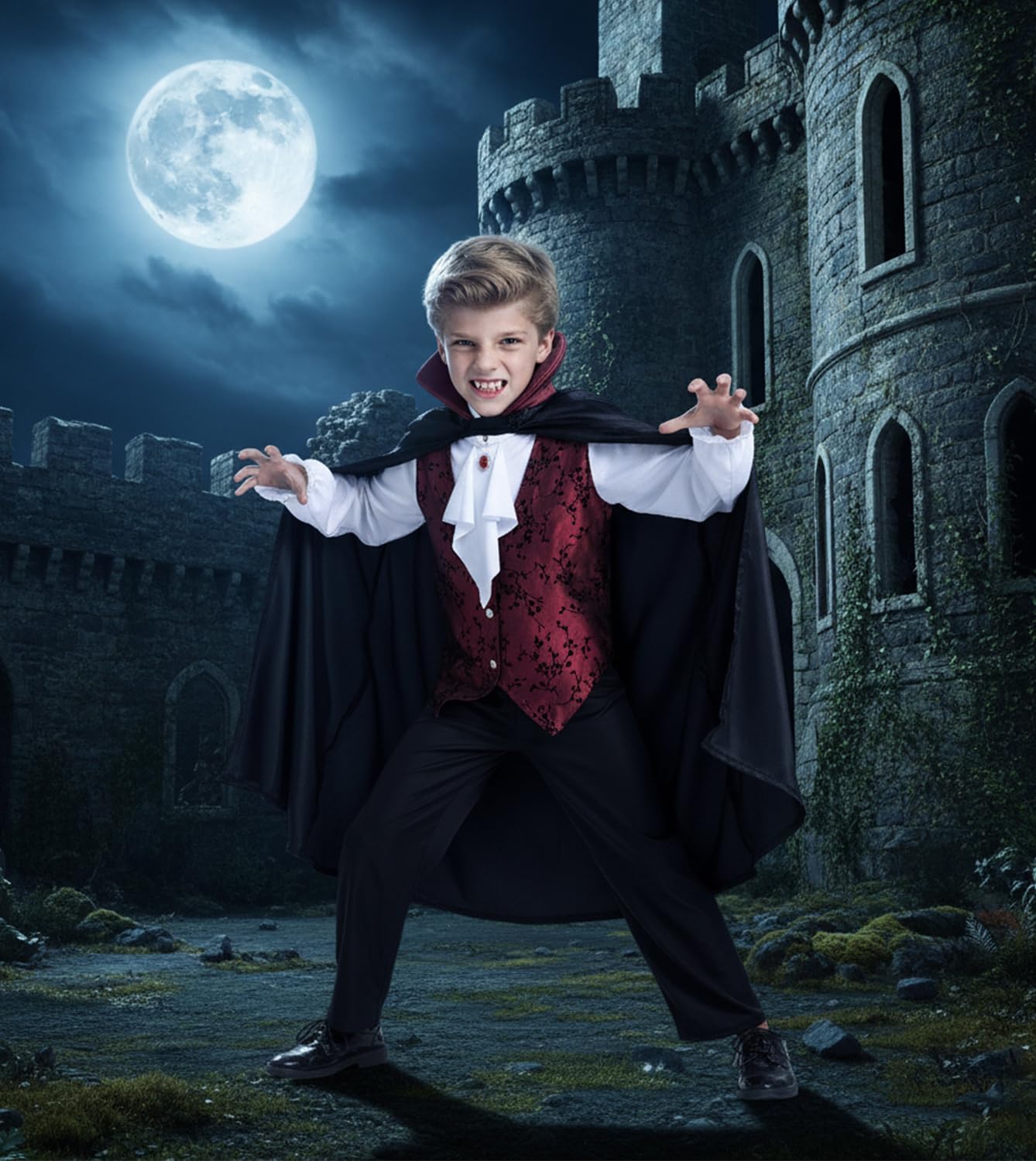 Bosvin Kids Vampire Costume - Gothic Outfit for Boys (Ages 5–7) with Teeth, Cape & Cane