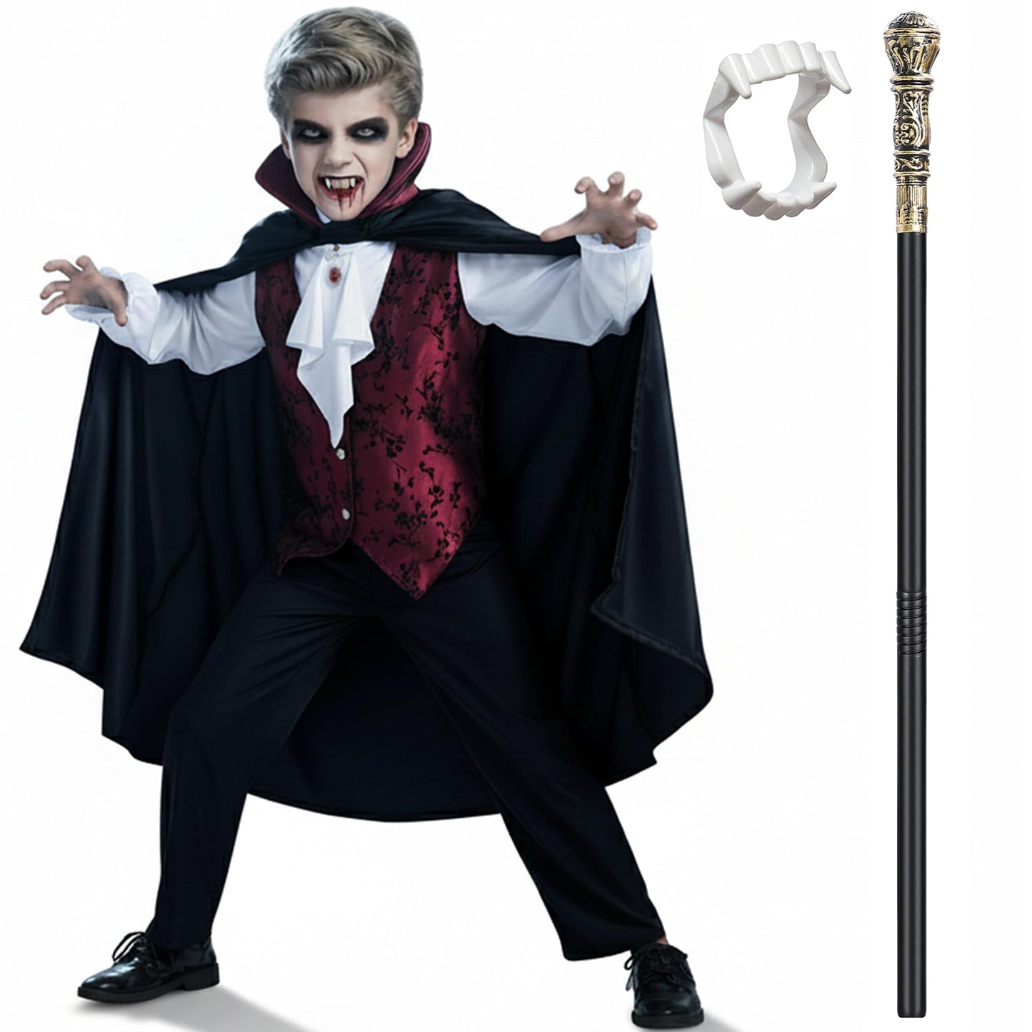 Bosvin Kids Vampire Costume - Gothic Outfit for Boys (Ages 5–7) with Teeth, Cape & Cane