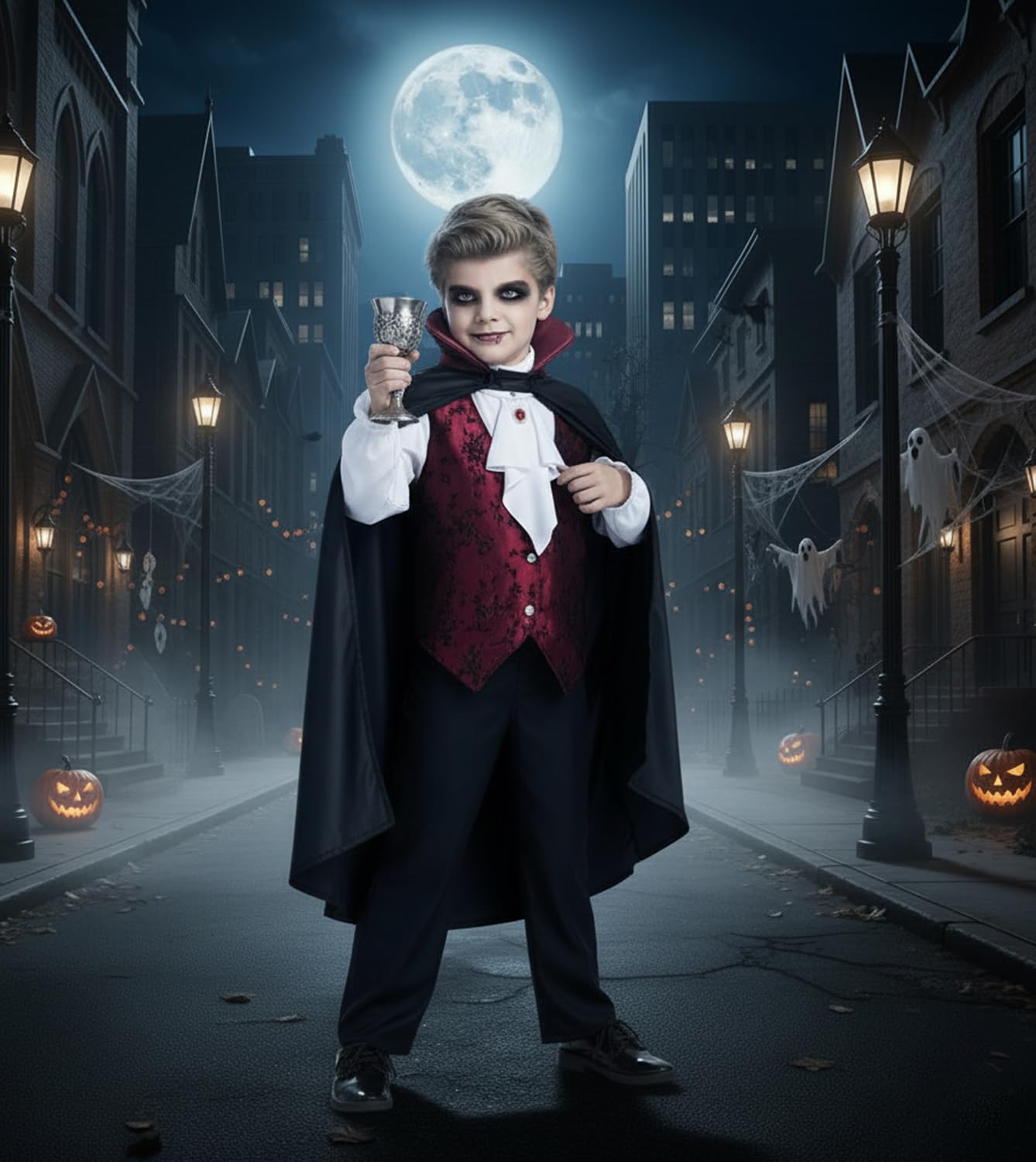 Bosvin Kids Vampire Costume - Gothic Outfit for Boys (Ages 5–7) with Teeth, Cape & Cane