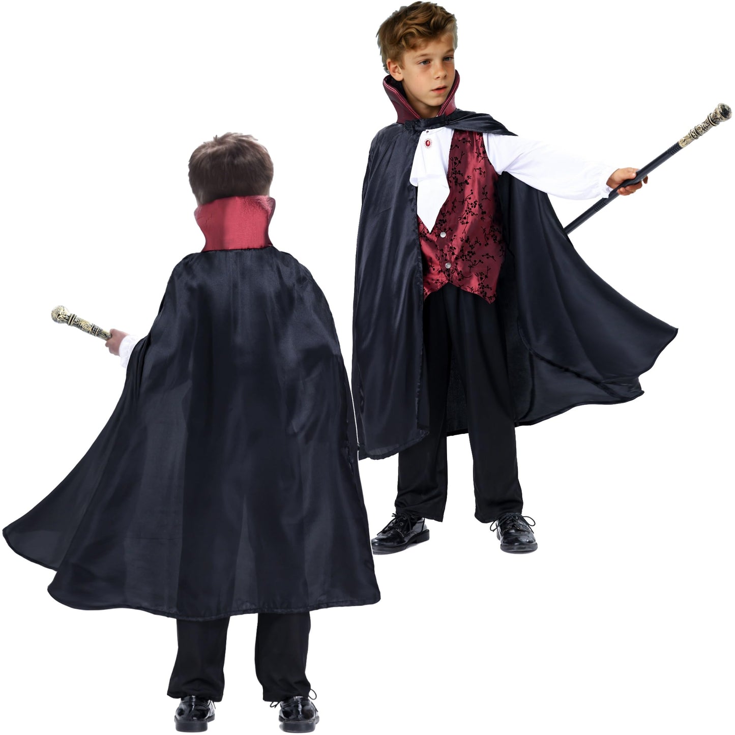 Bosvin Kids Vampire Costume - Gothic Outfit for Boys (Ages 5–7) with Teeth, Cape & Cane