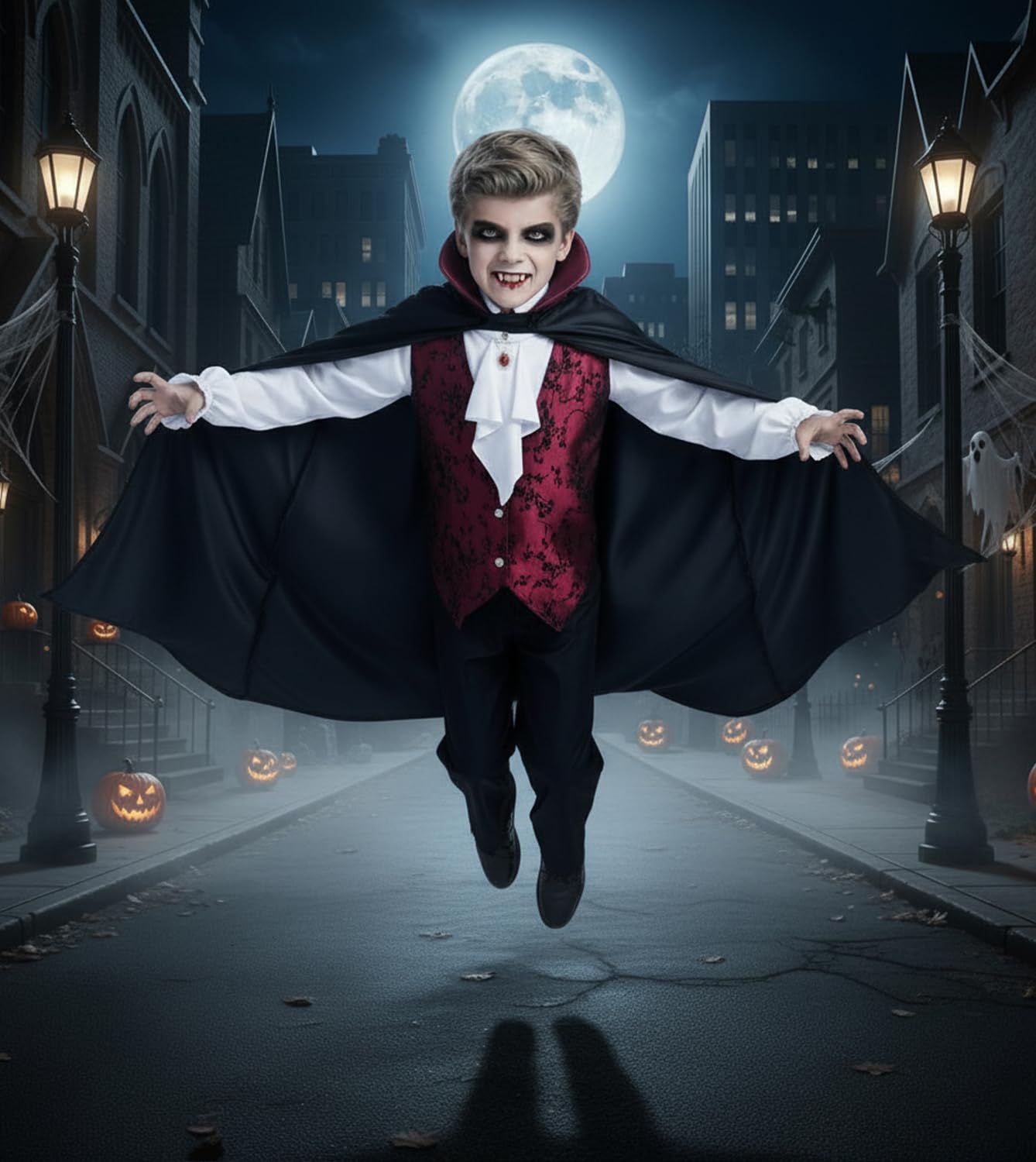 Bosvin Kids Vampire Costume - Gothic Outfit for Boys (Ages 5–7) with Teeth, Cape & Cane