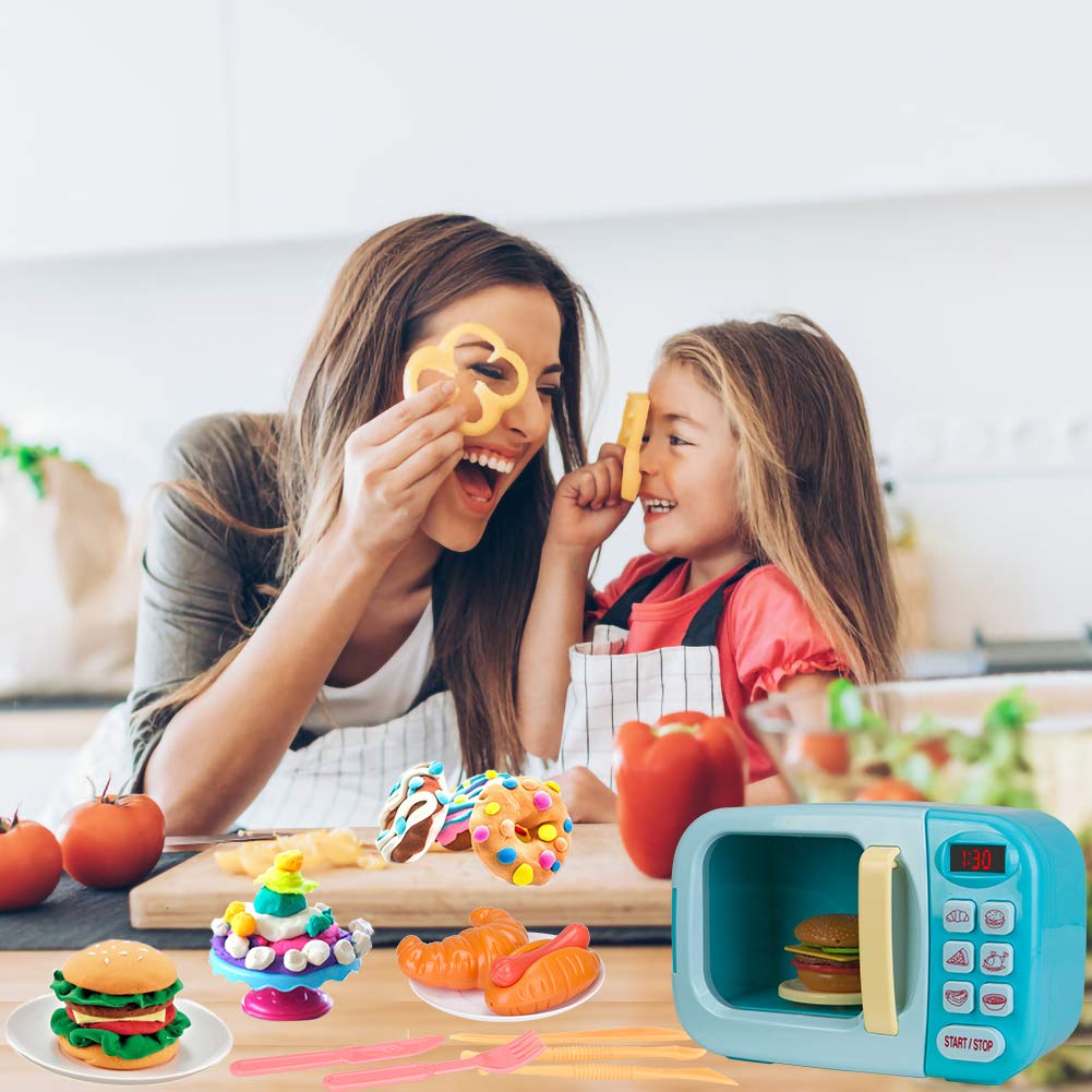 BoterLun Microwave Toy Oven with Light & Sound – Kids Pretend Play Kitchen Set (Blue)