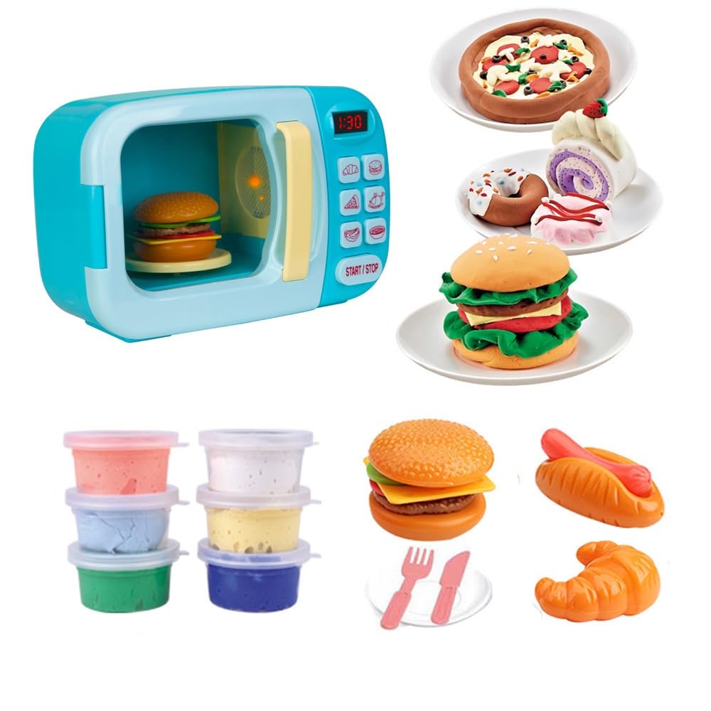BoterLun Microwave Toy Oven with Light & Sound – Kids Pretend Play Kitchen Set (Blue)
