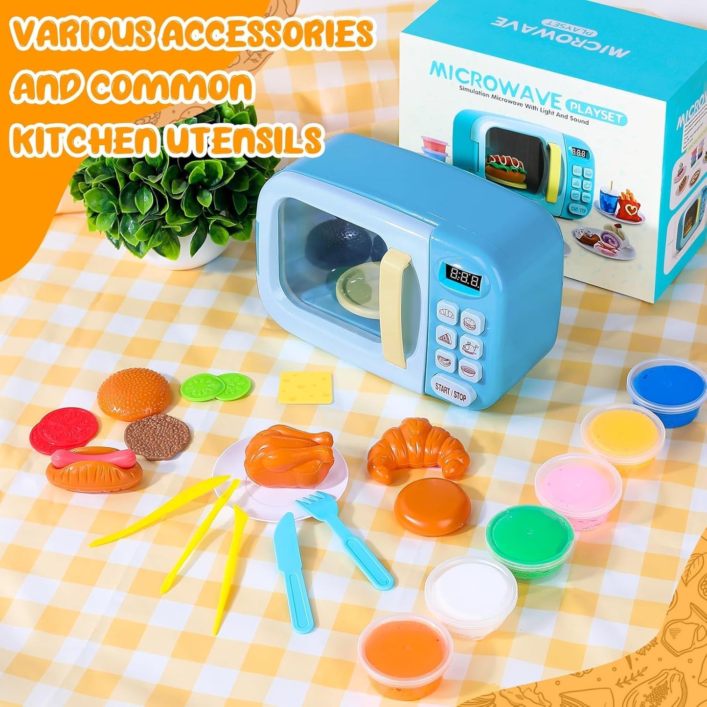 BoterLun Microwave Toy Oven with Light & Sound – Kids Pretend Play Kitchen Set (Blue)
