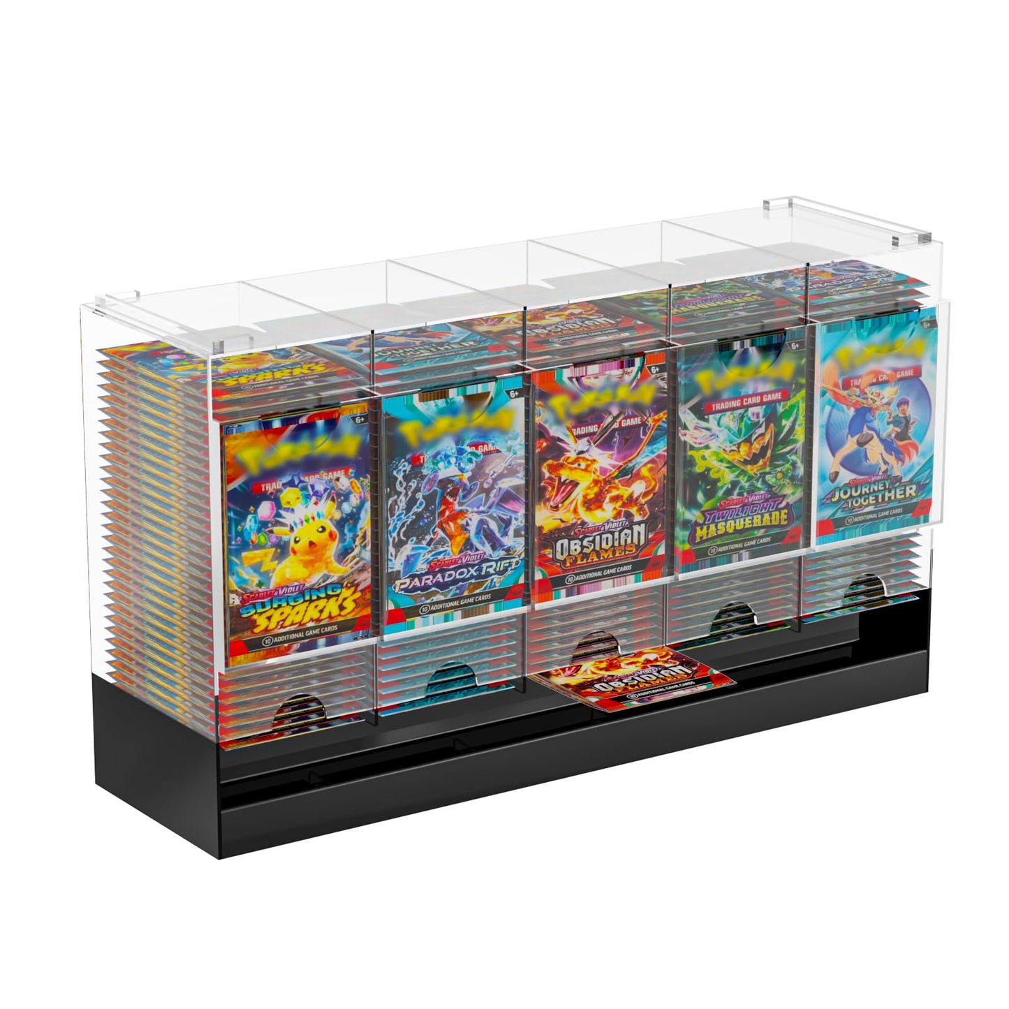 Botyboty 5-Slot Booster Pack Dispenser — Black Base, Acrylic, Stackable, Fits PKMN MTG YGO & Sports Boosters