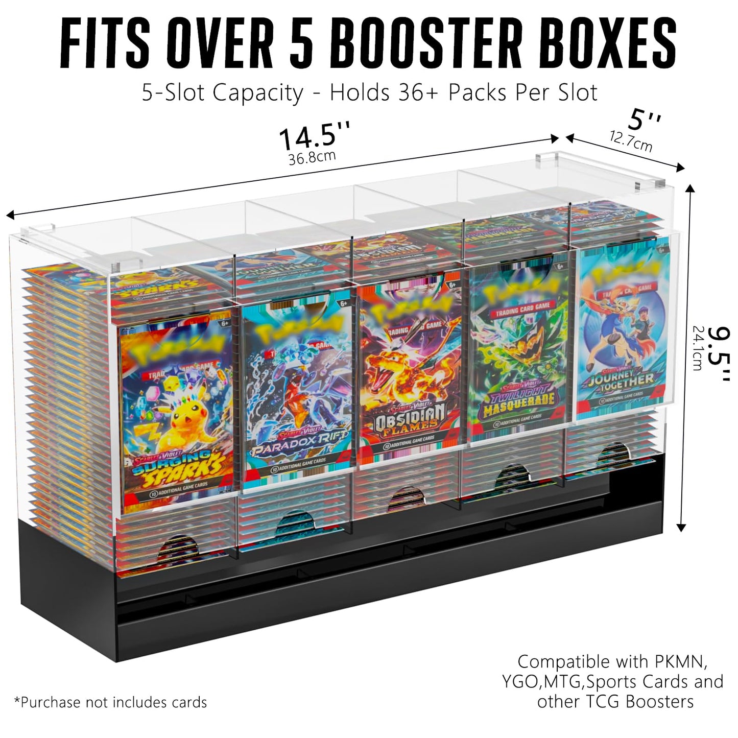 Botyboty 5-Slot Booster Pack Dispenser — Black Base, Acrylic, Stackable, Fits PKMN MTG YGO & Sports Boosters