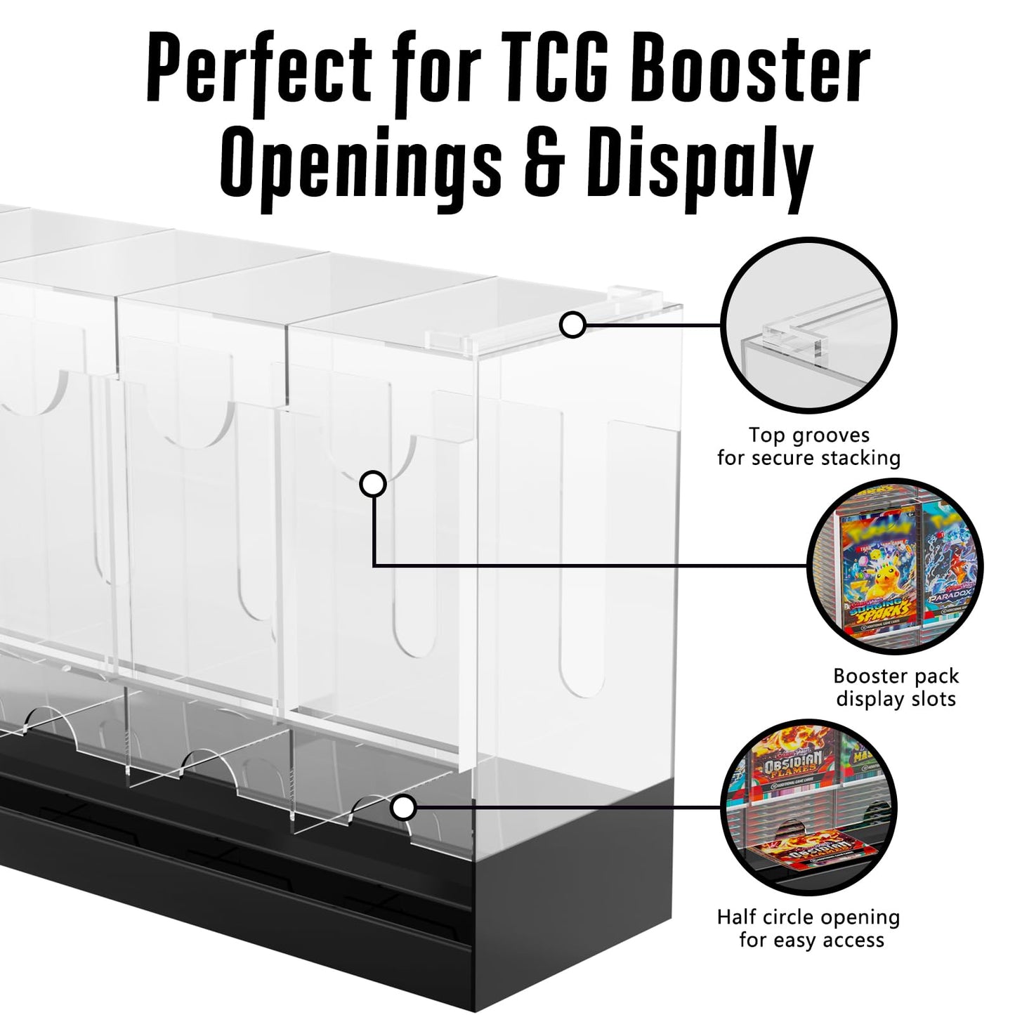 Botyboty 5-Slot Booster Pack Dispenser — Black Base, Acrylic, Stackable, Fits PKMN MTG YGO & Sports Boosters