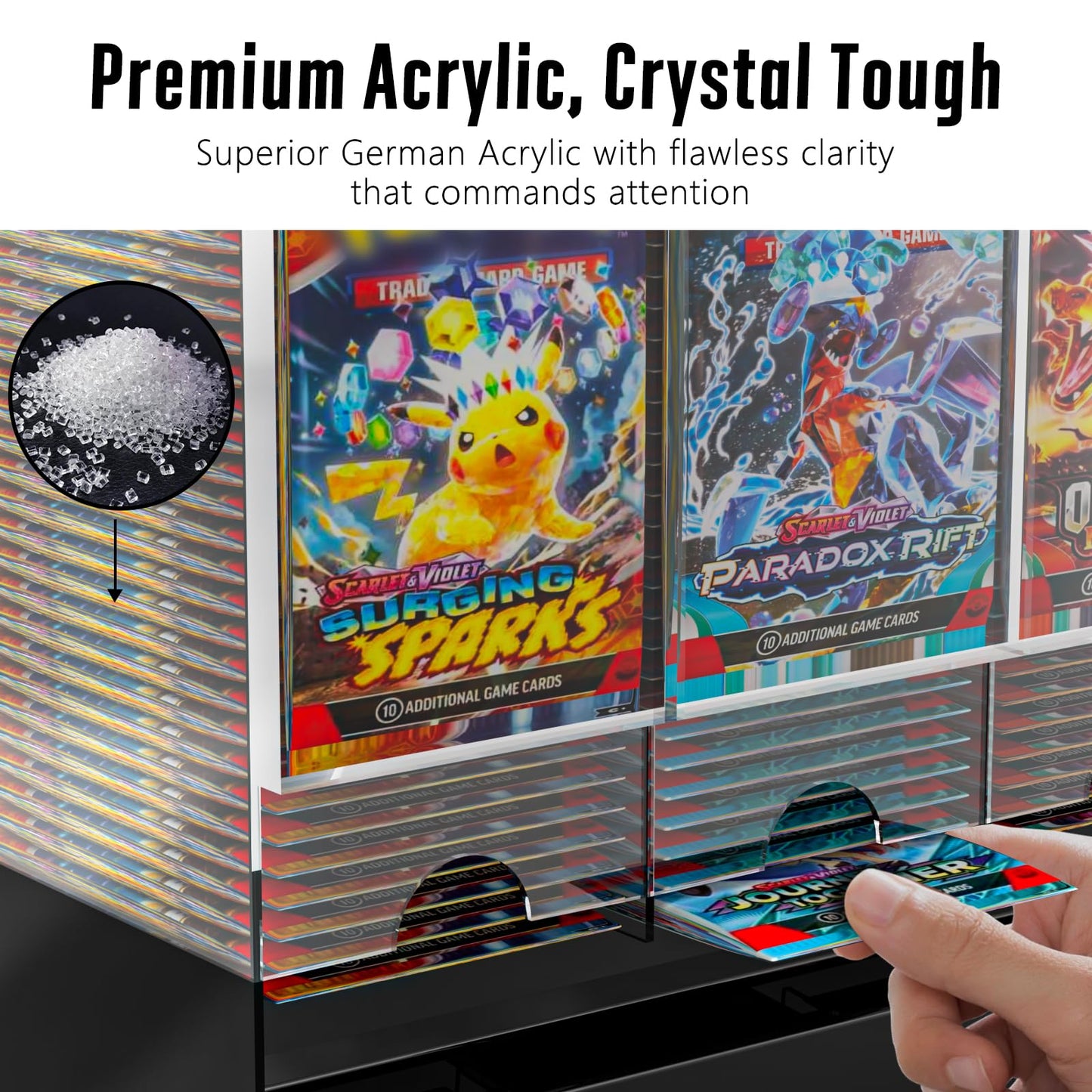 Botyboty 5-Slot Booster Pack Dispenser — Black Base, Acrylic, Stackable, Fits PKMN MTG YGO & Sports Boosters