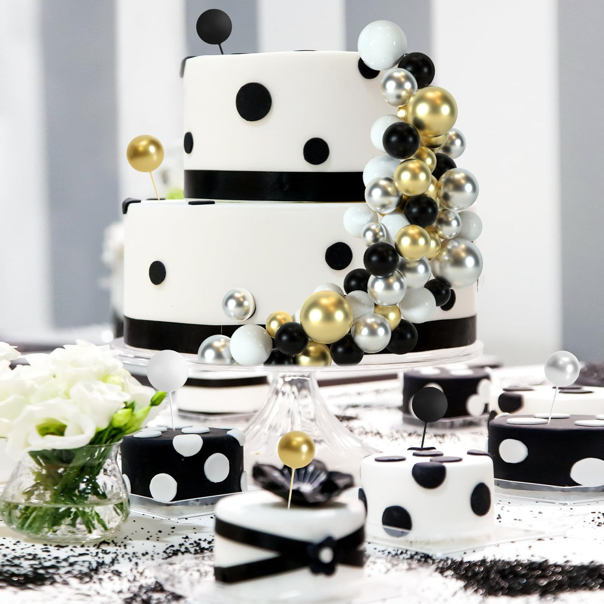BOUBONI 48 Pcs Ball Cake Toppers – Foam Ball Decorations for Birthday, Wedding & Anniversary (Black, Silver, White, Gold)