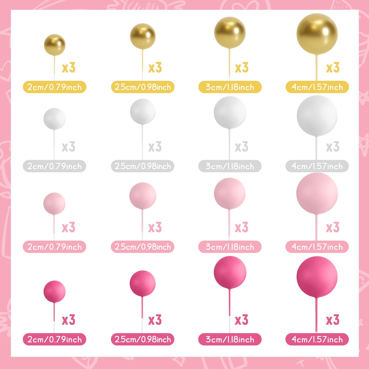 BOUBONI 48 Pcs Ball Cake Topper Decorations – Foam Ball Toppers for Birthday & Wedding