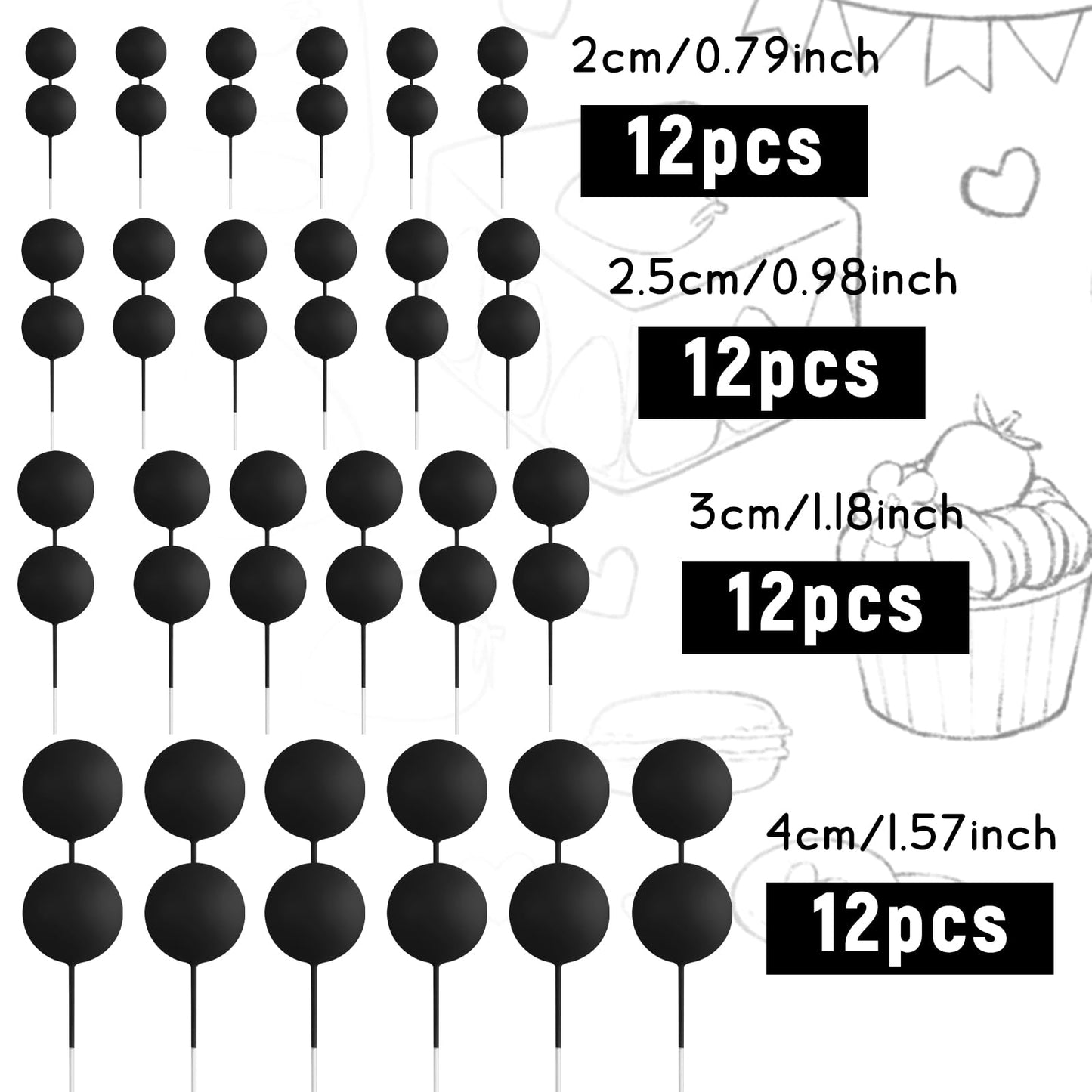 BOUBONI 48 Pcs Black Cake Ball Toppers – Foam Ball Decorations for Birthday, Wedding & More