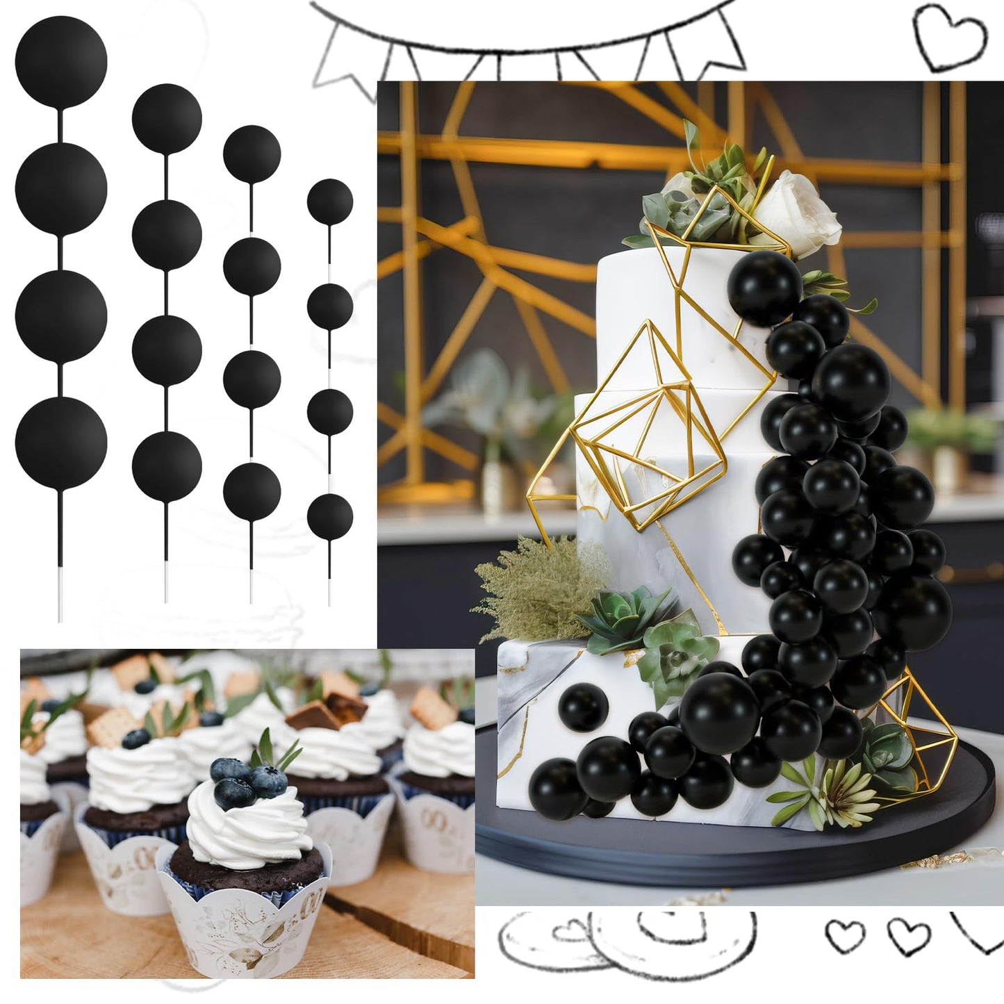 BOUBONI 48 Pcs Black Cake Ball Toppers – Foam Ball Decorations for Birthday, Wedding & More