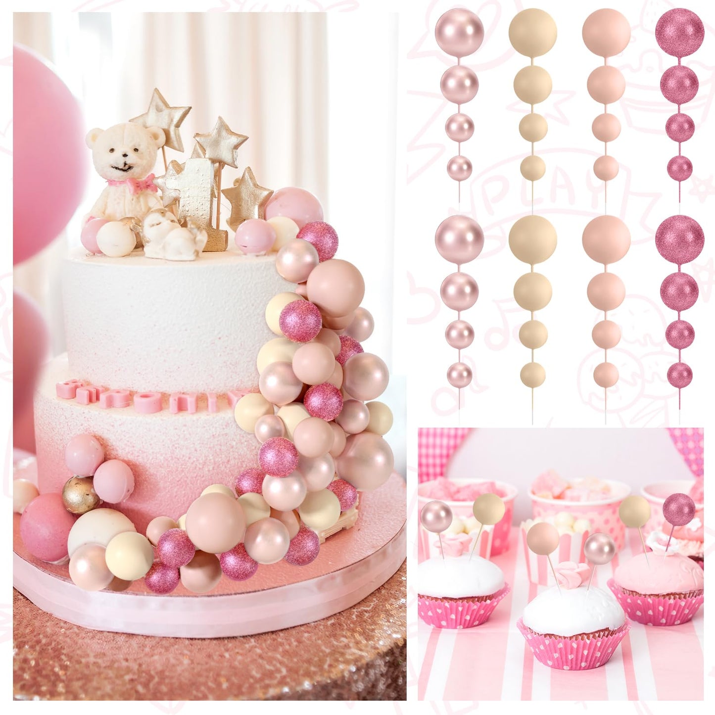 BOUBONI 48 Pcs Ball Cake Topper Set – Glitter Pink, Rose Gold, Apricot, Light Brown + 10 Butterflies