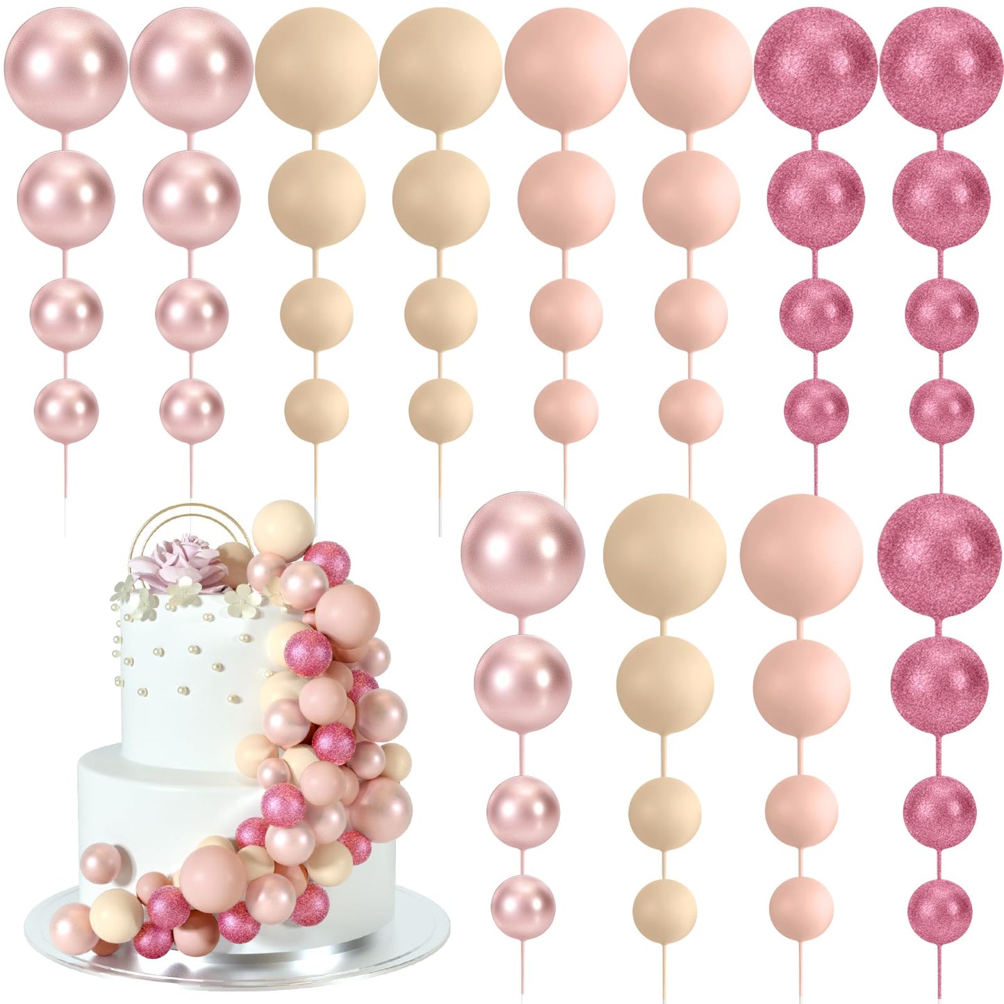 BOUBONI 48 Pcs Ball Cake Topper Set – Glitter Pink, Rose Gold, Apricot, Light Brown + 10 Butterflies