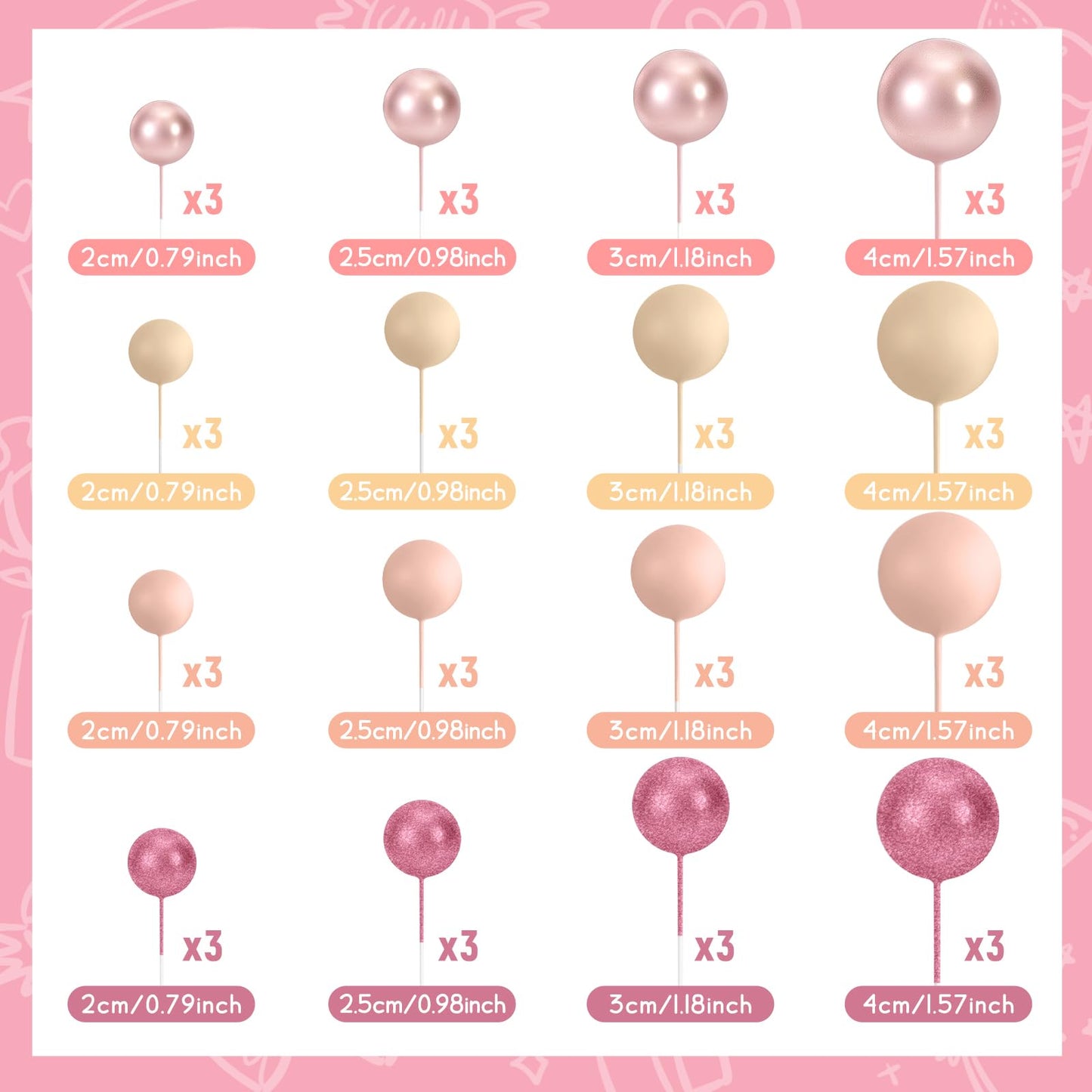 BOUBONI 48 Pcs Ball Cake Topper Set – Glitter Pink, Rose Gold, Apricot, Light Brown + 10 Butterflies