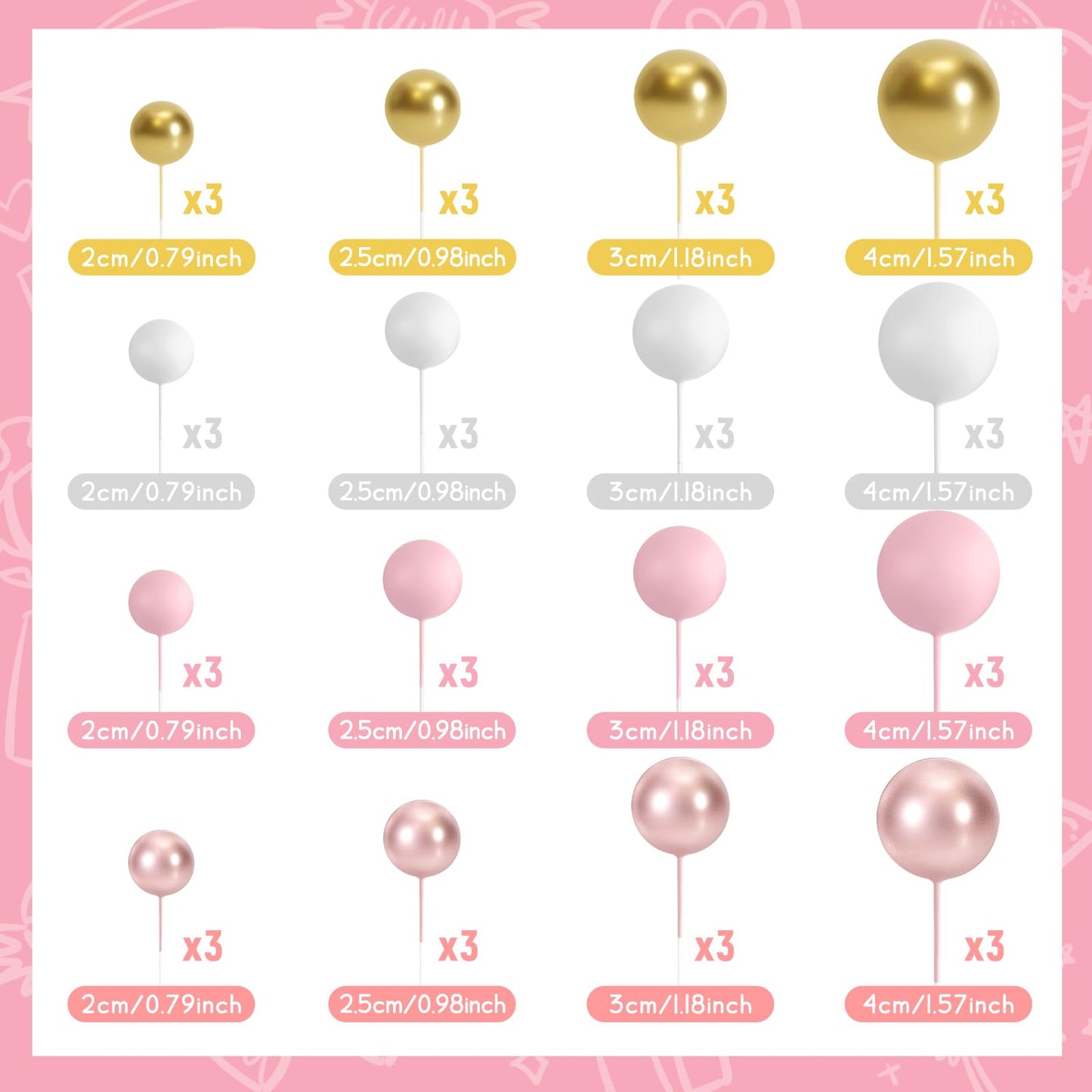 BOUBONI 48 Pcs Cake Topper Decorations – Balloon Toppers & Foam Ball Picks (Rose Gold, Pink, White, Gold)
