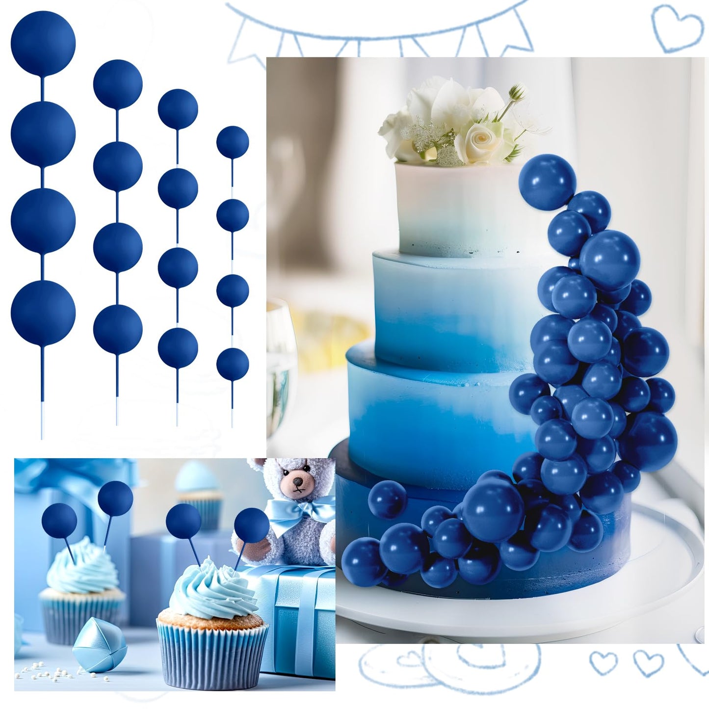 BOUBONI 48 Pcs Royal Blue Cake Ball Toppers | Foam Decorations for Cakes, Cupcakes & Parties