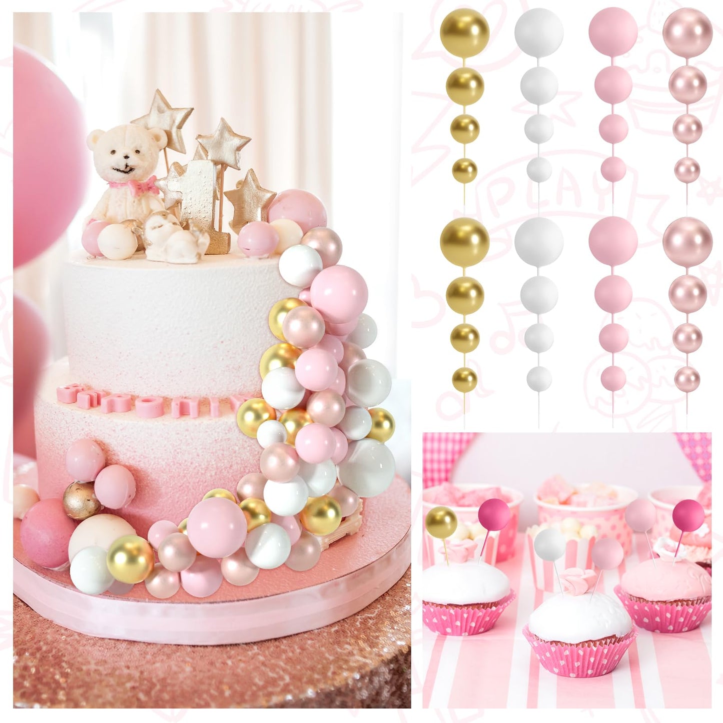 BOUBONI 48 Pcs Cake Topper Decorations – Balloon Toppers & Foam Ball Picks (Rose Gold, Pink, White, Gold)