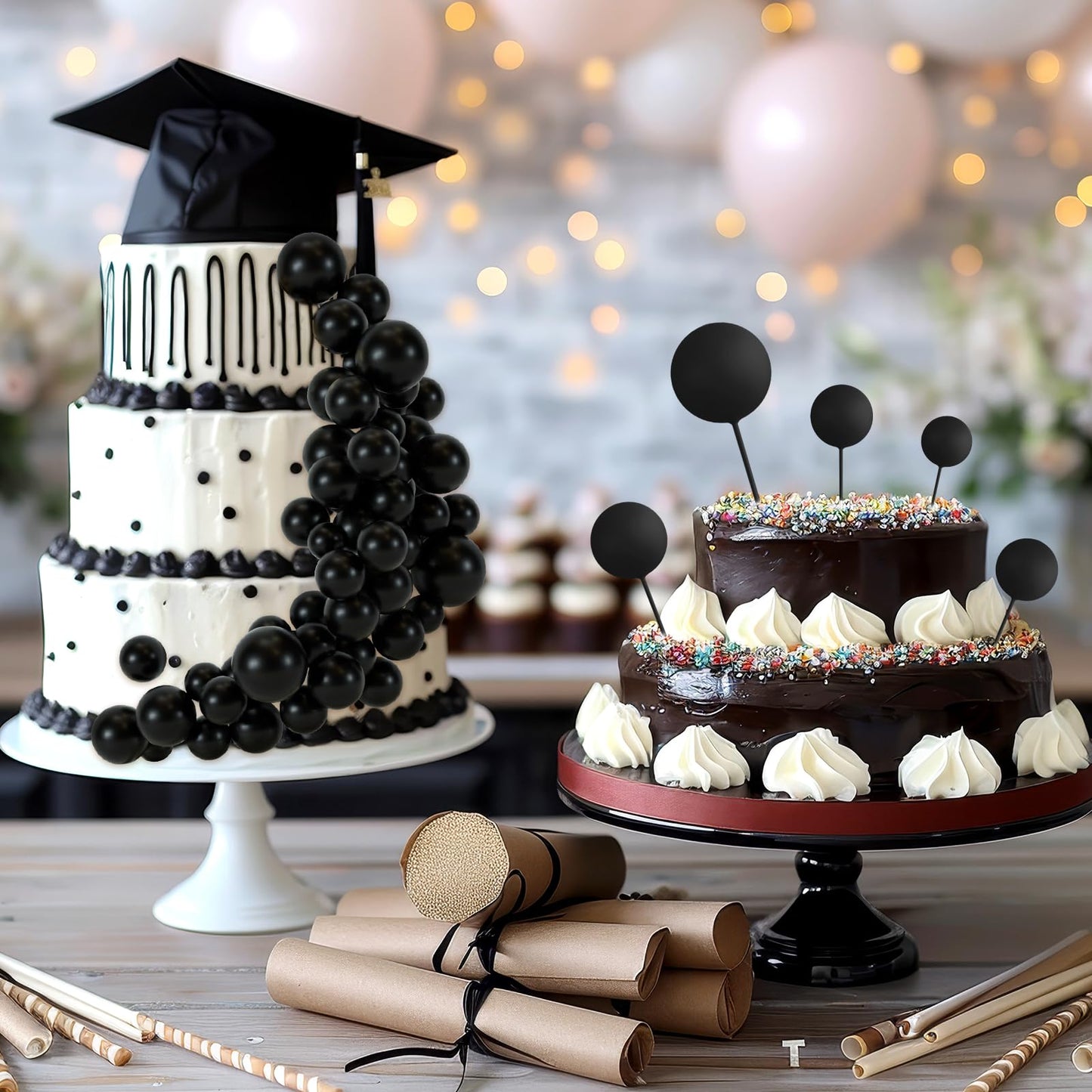 BOUBONI 48 Pcs Black Cake Ball Toppers – Foam Ball Decorations for Birthday, Wedding & More