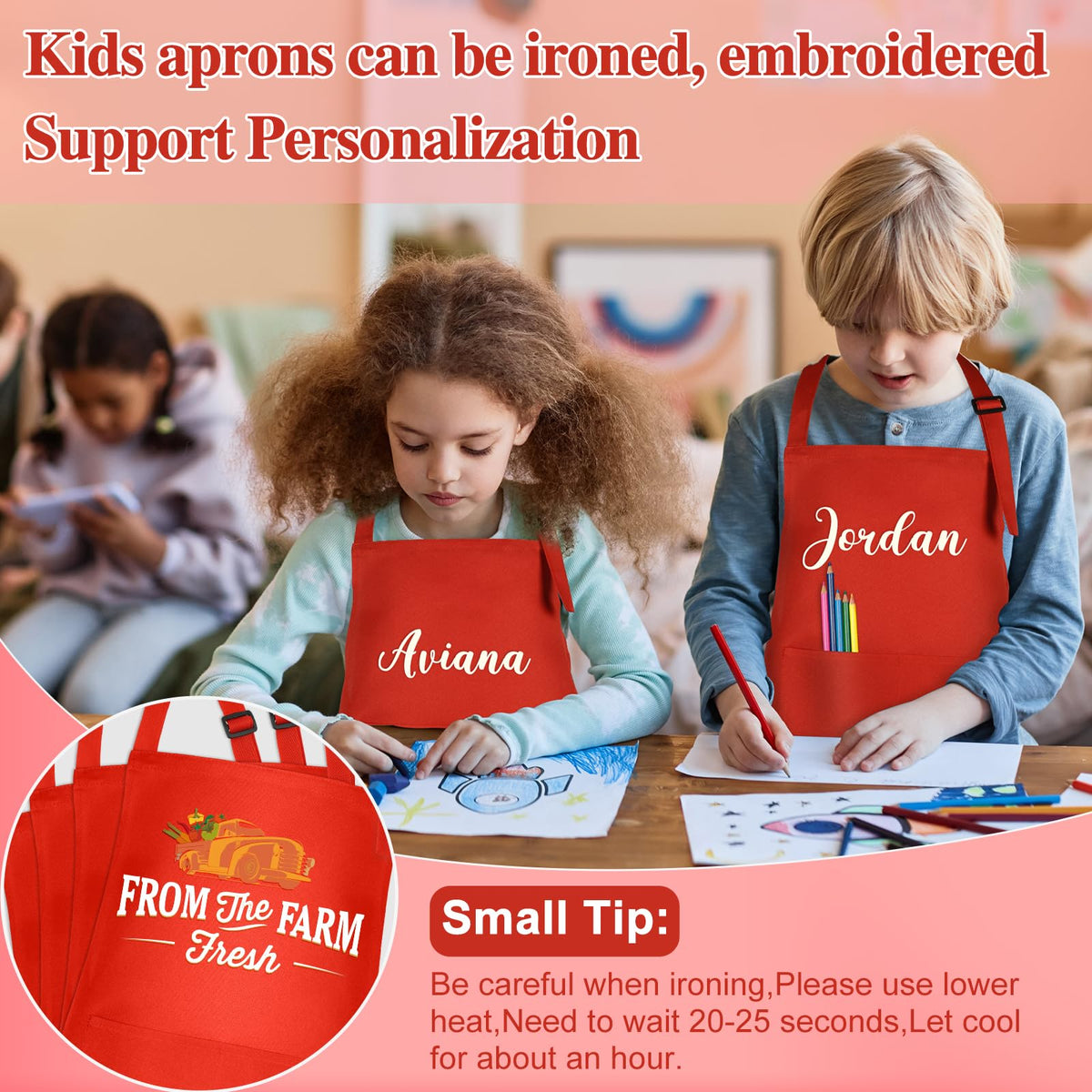 BOUBONI 6 Pack Kids Aprons – Adjustable 2-Pocket Art & Cooking Aprons (Colorful Set)