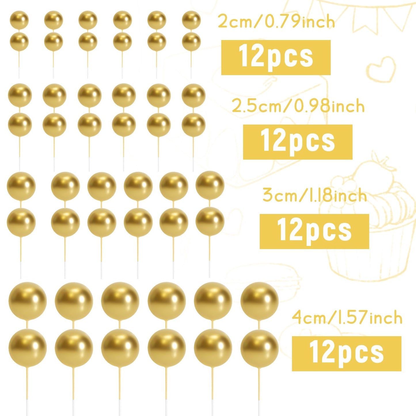 BOUBONI 48 Pcs Gold Ball Cake Toppers – 4 Sizes & 10 Butterflies