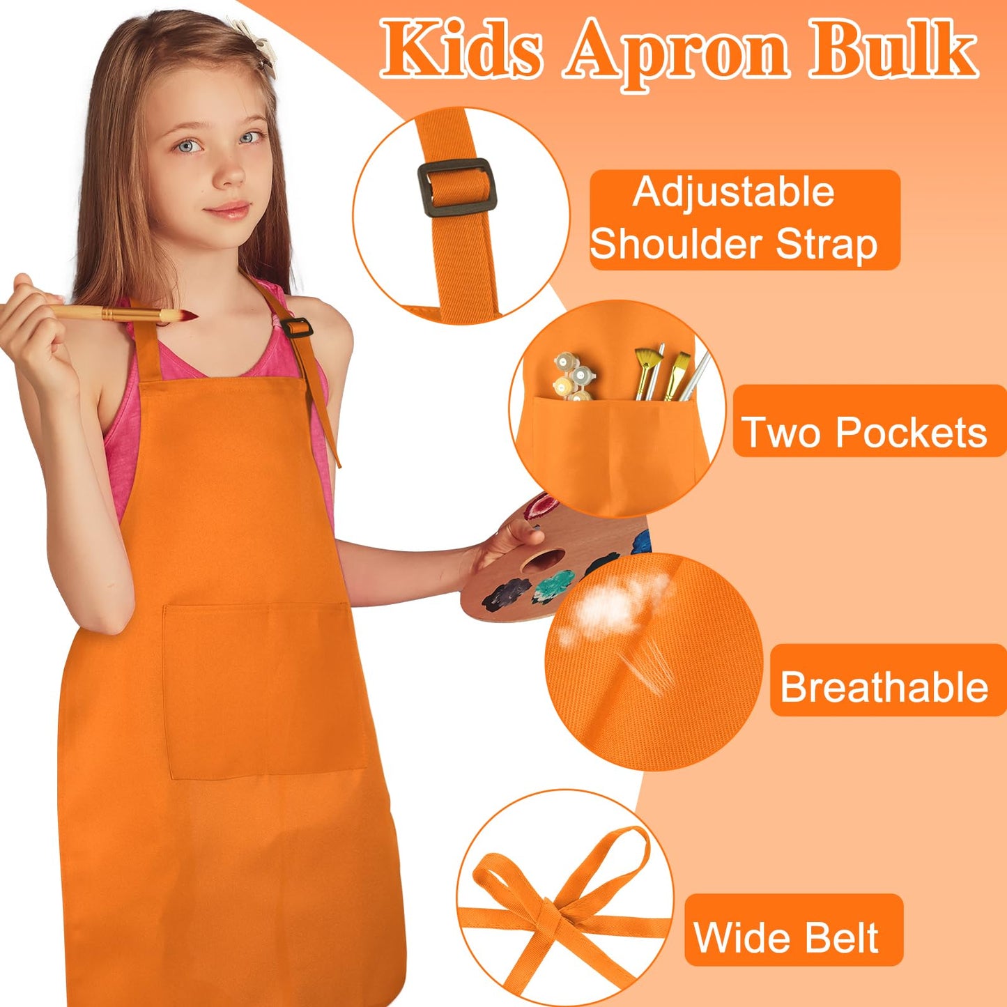 BOUBONI 24 Pack Kids Aprons with 2 Pockets – Adjustable Colorful Bulk Aprons for Cooking, Painting & Crafting