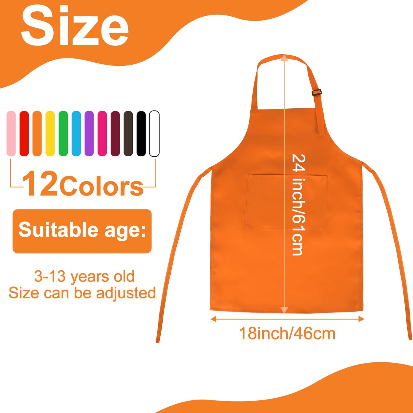 BOUBONI 12-Pack Kids Aprons – Adjustable, Two Pockets, Colorful Crafting and Cooking Aprons
