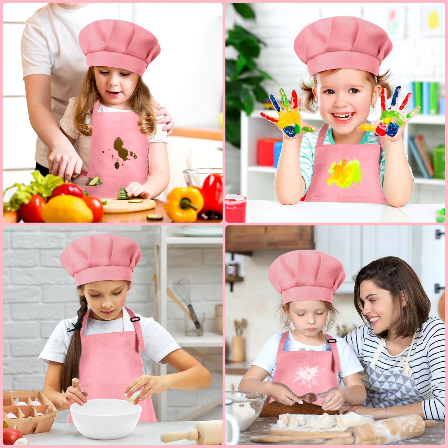 BOUBONI Kids Apron and Chef Hat Set — Pink Adjustable Apron with 2 Pockets