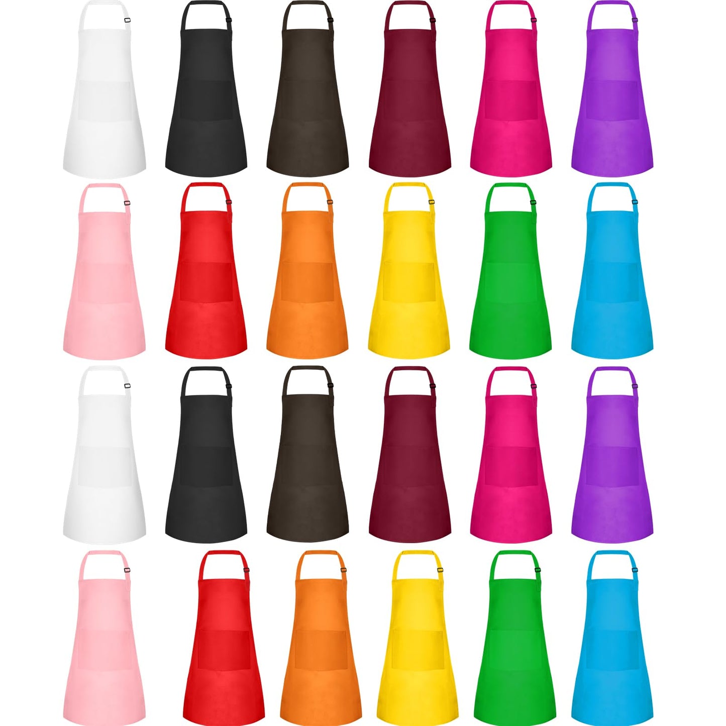 BOUBONI 24 Pack Kids Aprons with 2 Pockets – Adjustable Colorful Bulk Aprons for Cooking, Painting & Crafting