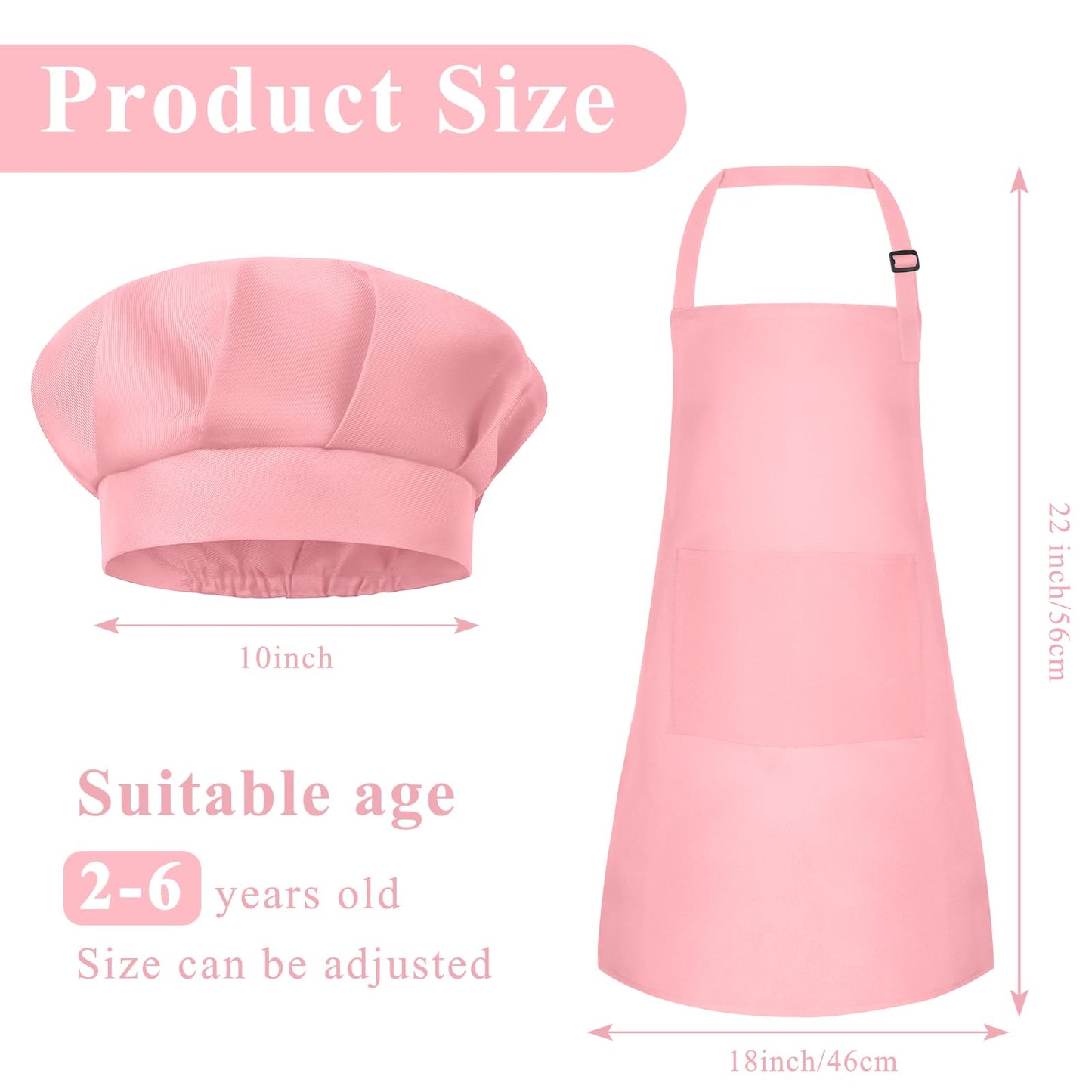 BOUBONI Kids Apron & Chef Hat Set – Adjustable Pink Apron with 2 Pockets