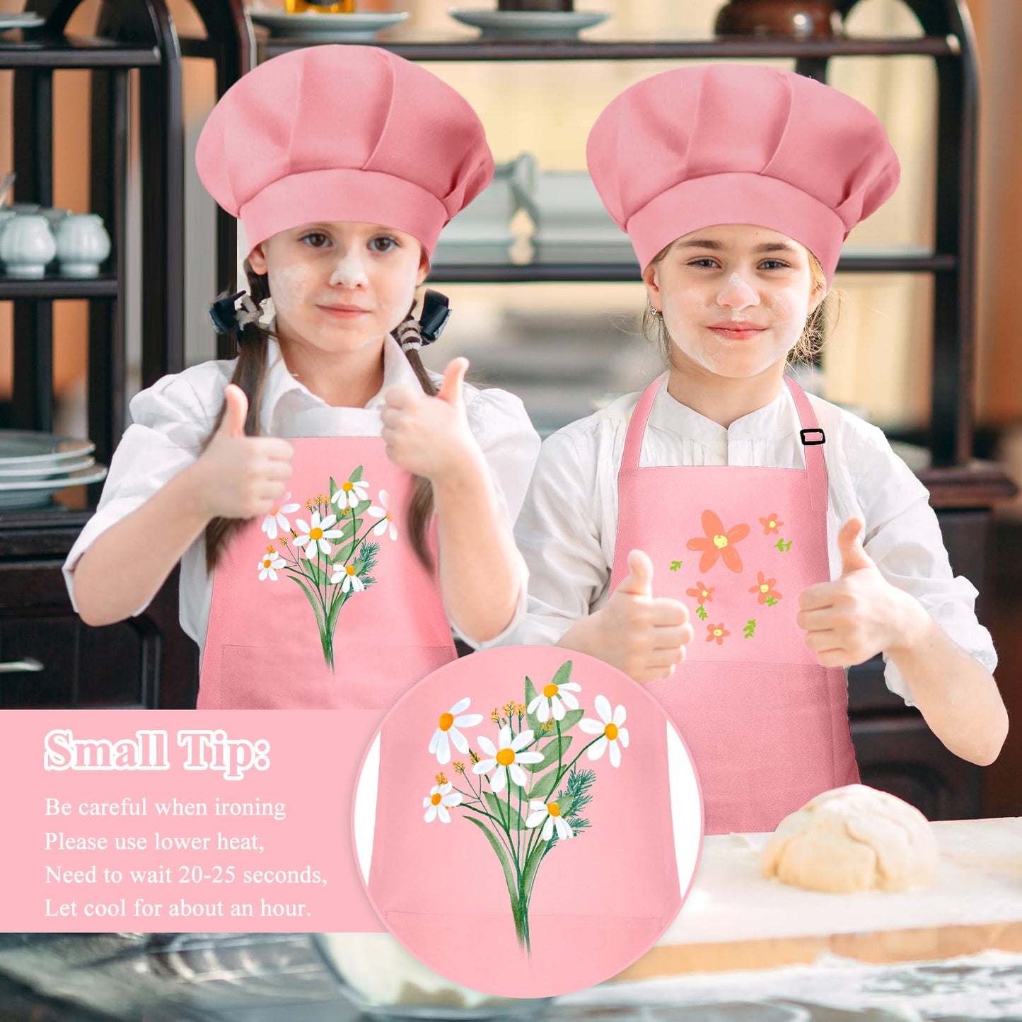 BOUBONI Kids Apron and Chef Hat Set — Pink Adjustable Apron with 2 Pockets