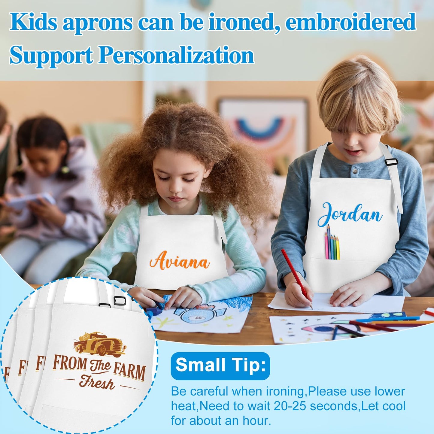 BOUBONI 12-Pack Kids Aprons with 2 Pockets – Adjustable White Cooking, Painting & Craft Aprons