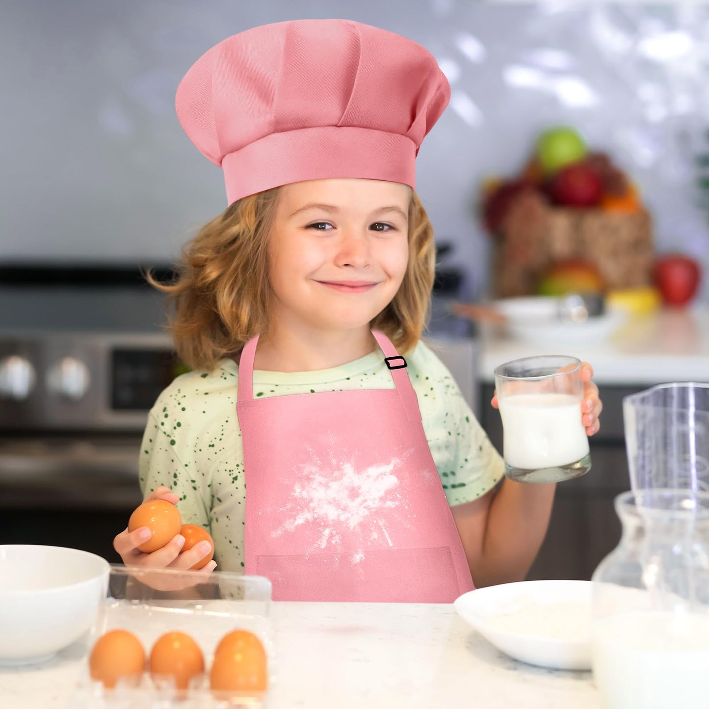 BOUBONI Kids Apron and Chef Hat Set — Pink Adjustable Apron with 2 Pockets