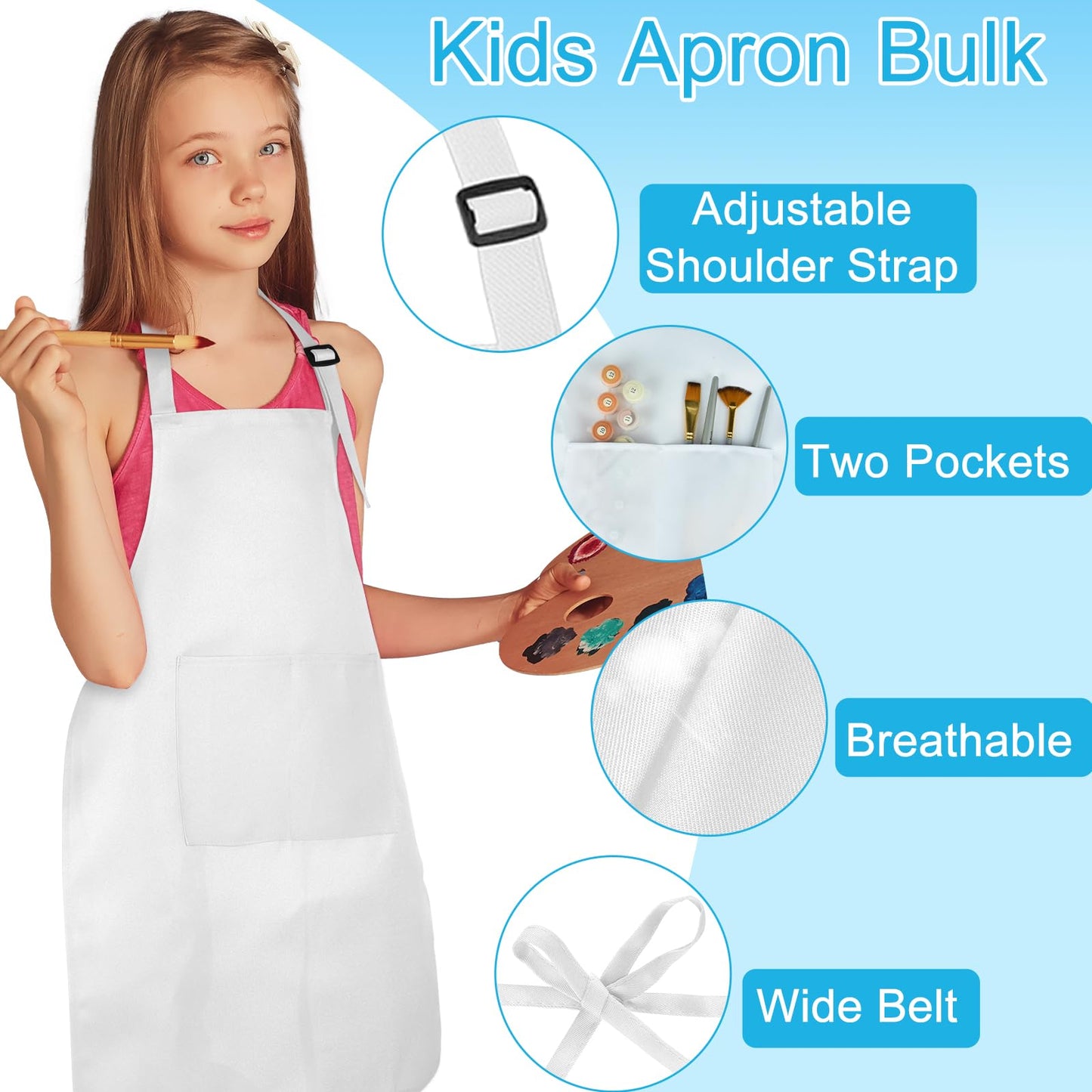 BOUBONI 12-Pack Kids Aprons with 2 Pockets – Adjustable White Cooking, Painting & Craft Aprons