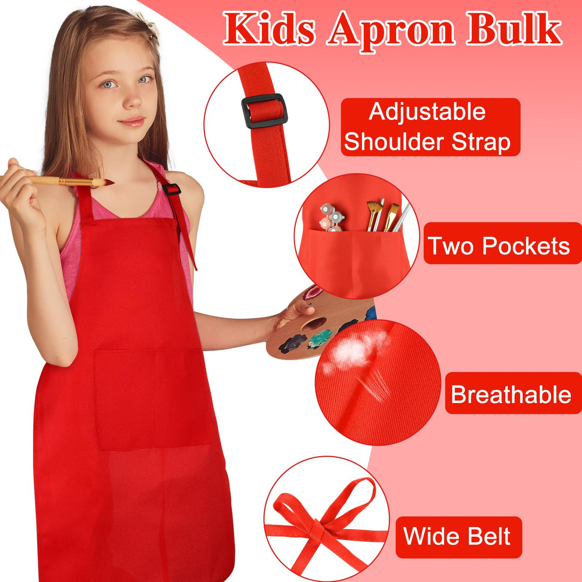 BOUBONI 6-Pack Kids Aprons Red – Adjustable, Two-Pocket Kitchen & Craft Aprons
