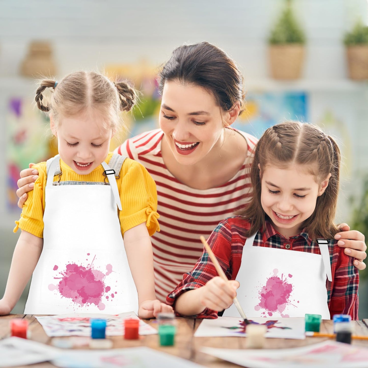 BOUBONI 12-Pack Kids Aprons with 2 Pockets – Adjustable White Cooking, Painting & Craft Aprons