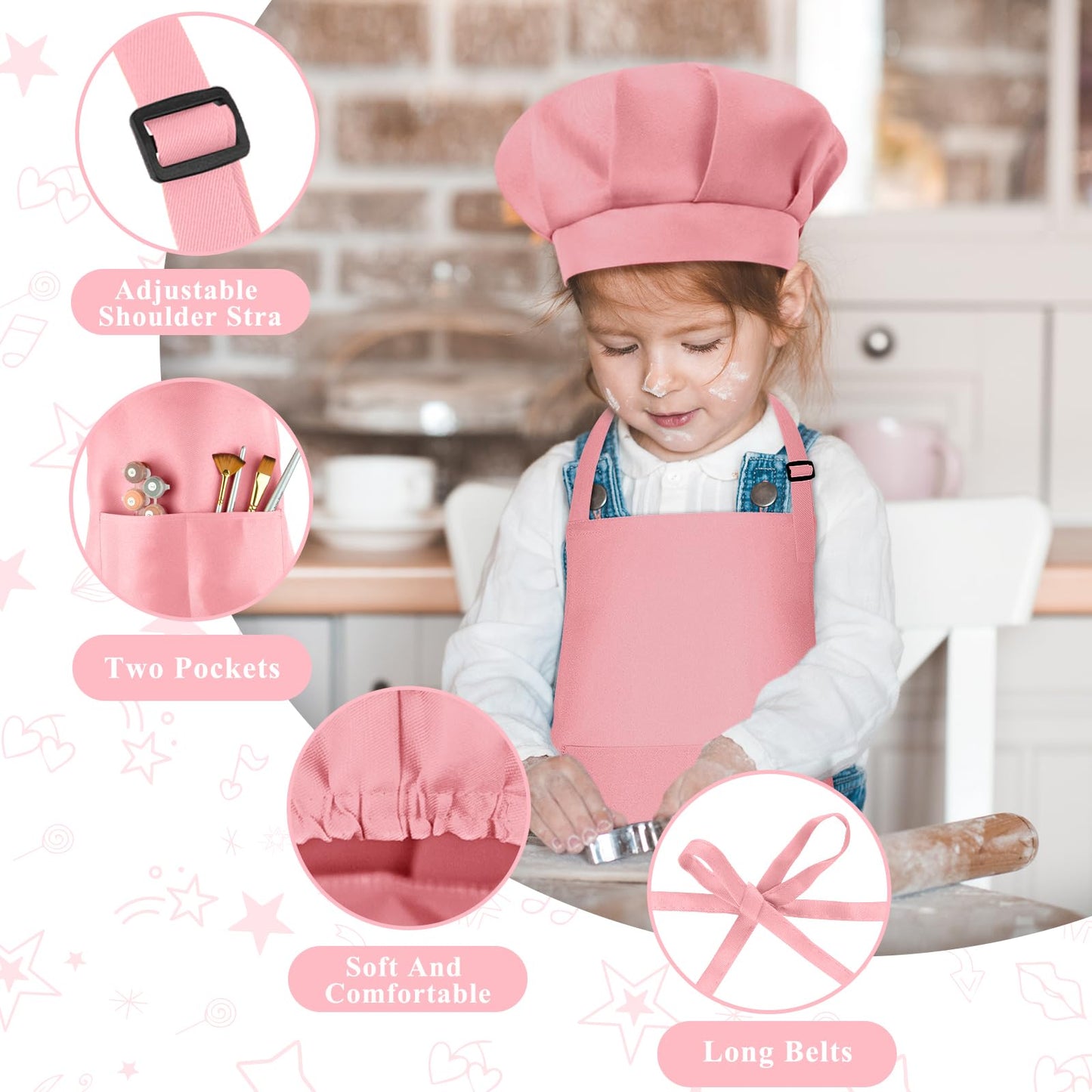 BOUBONI Kids Apron and Chef Hat Set — Pink Adjustable Apron with 2 Pockets