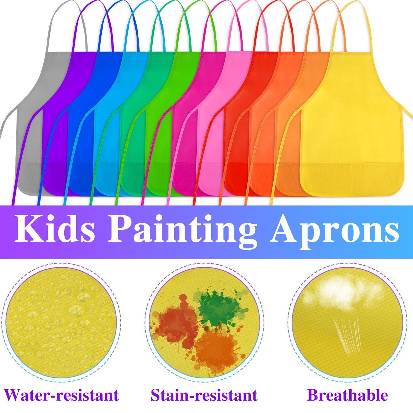 BOUBONI Kids Painting Aprons — 12 Colors, 2 Pockets, Ages 3–7