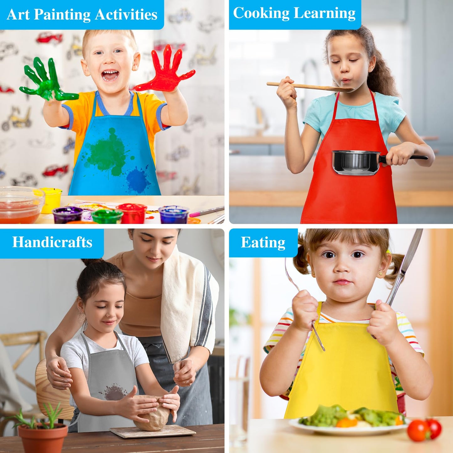 BOUBONI Kids Painting Aprons — 12 Colors, 2 Pockets, Ages 3–7