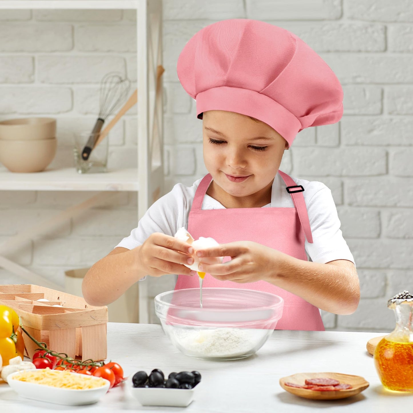 BOUBONI Kids Apron & Chef Hat Set – Adjustable Pink Apron with 2 Pockets