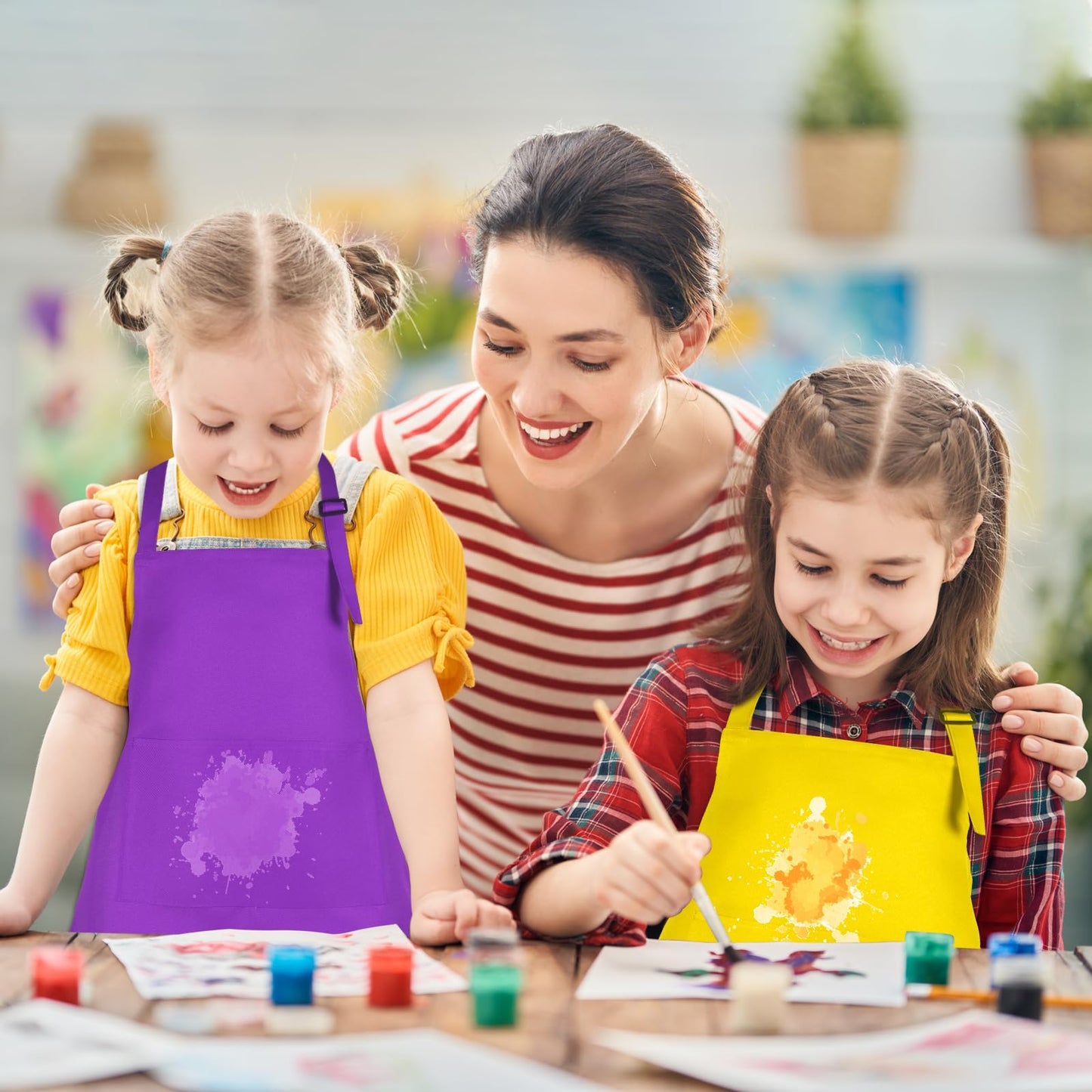 BOUBONI 12-Pack Kids Aprons – Adjustable, Two Pockets, Colorful Crafting and Cooking Aprons