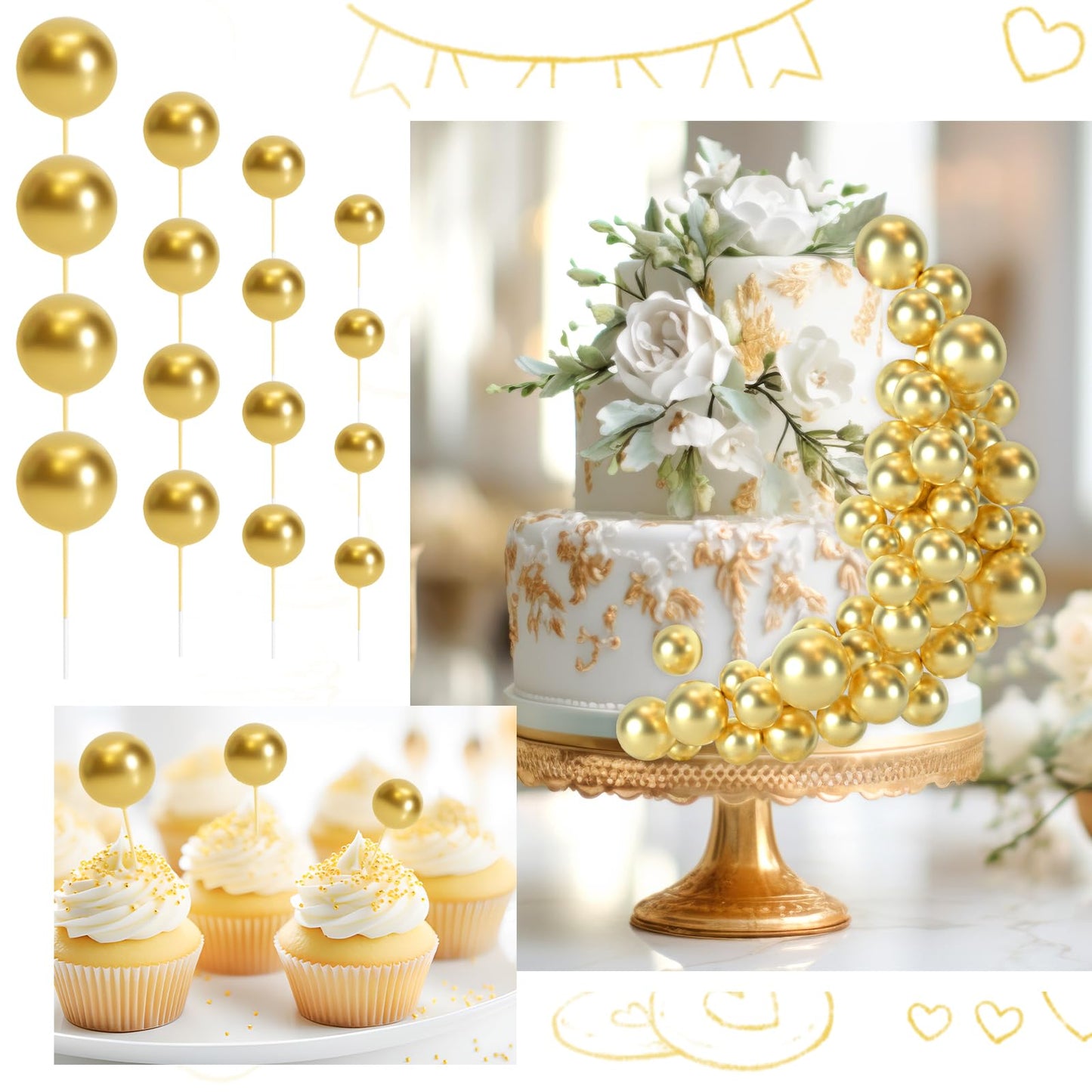 BOUBONI 48 Pcs Gold Ball Cake Toppers – 4 Sizes & 10 Butterflies