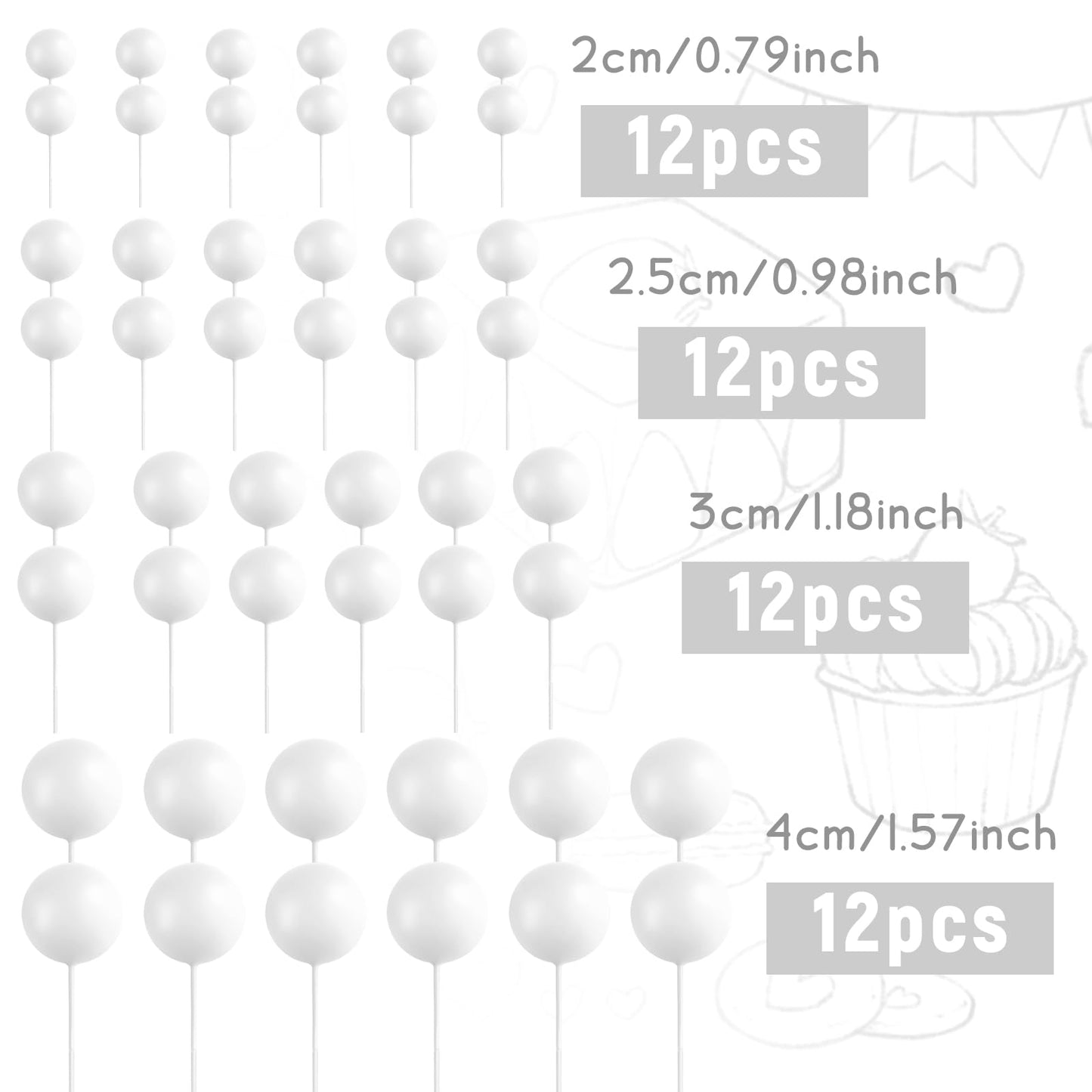 BOUBONI 48 Pcs White Foam Ball Cake Toppers – 4 Sizes for Birthday, Wedding & More