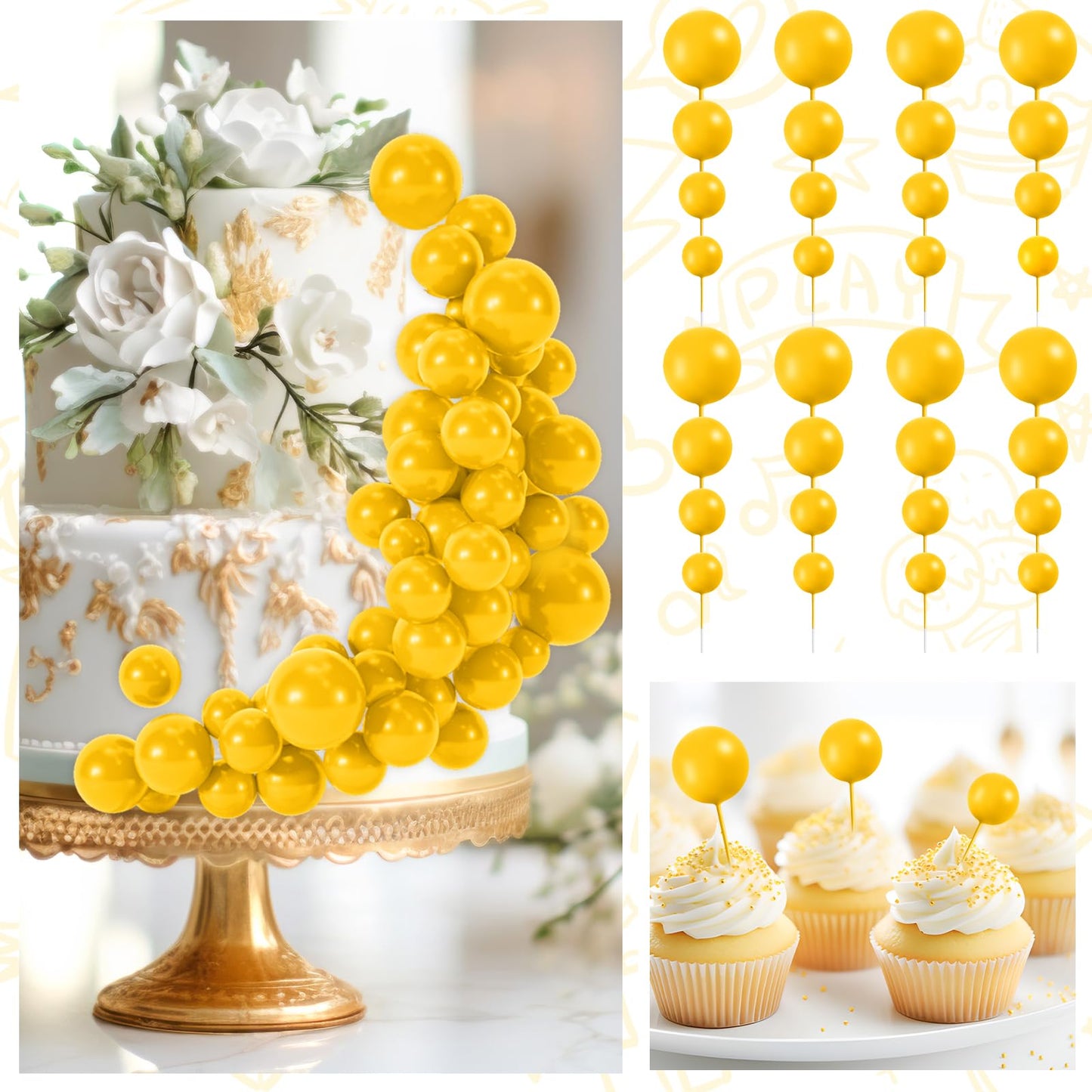 BOUBONI 48 Pcs Yellow Cake Ball Toppers – Foam Cupcake Decorations