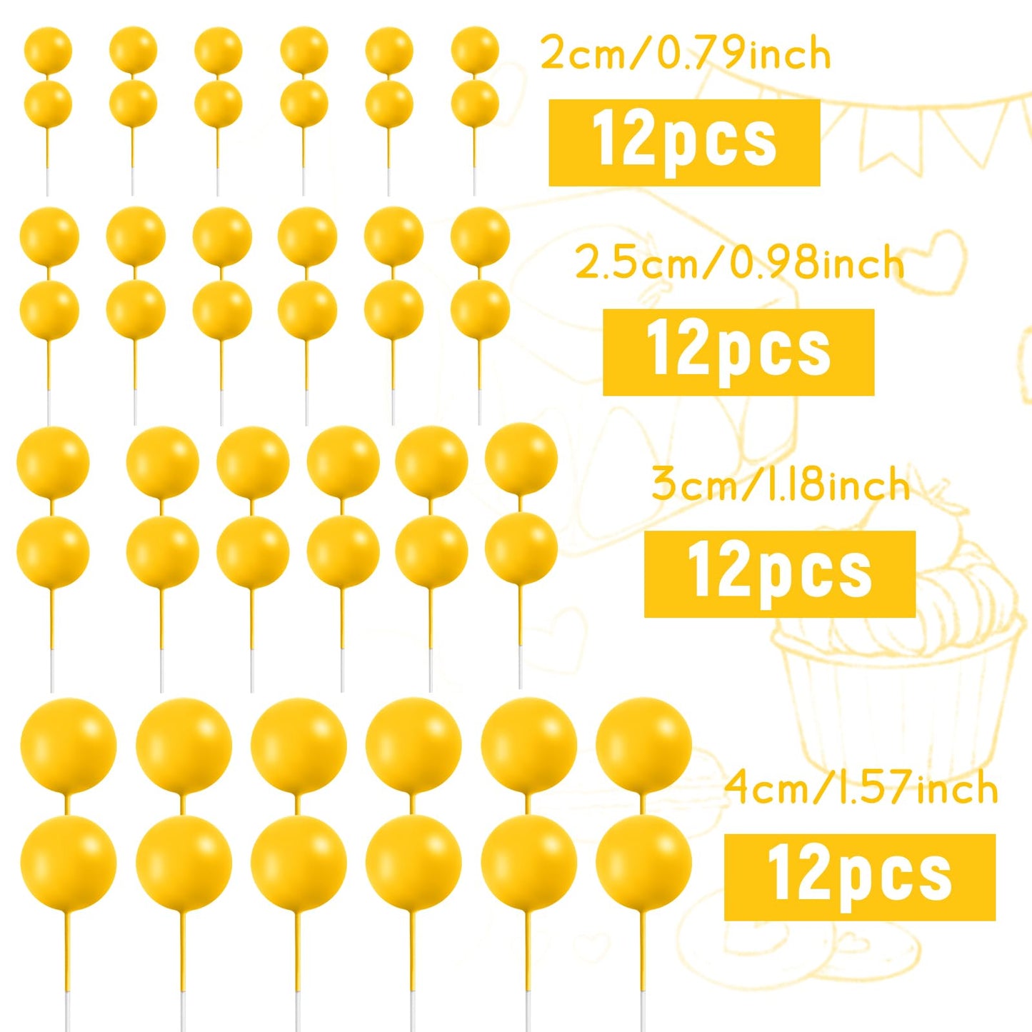 BOUBONI 48 Pcs Yellow Cake Ball Toppers – Foam Cupcake Decorations