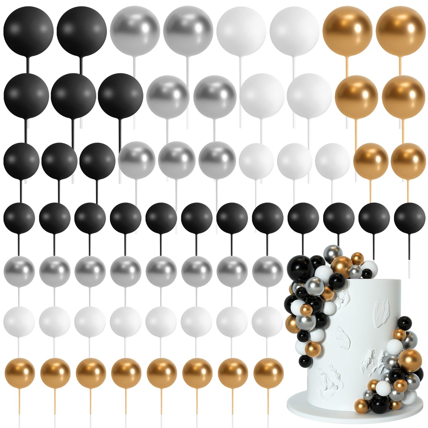 Bouiexye 75 Pieces Cake Balls Topper Decorations – Foam Ball Picks for Cakes (Black, Gold, Silver, White)