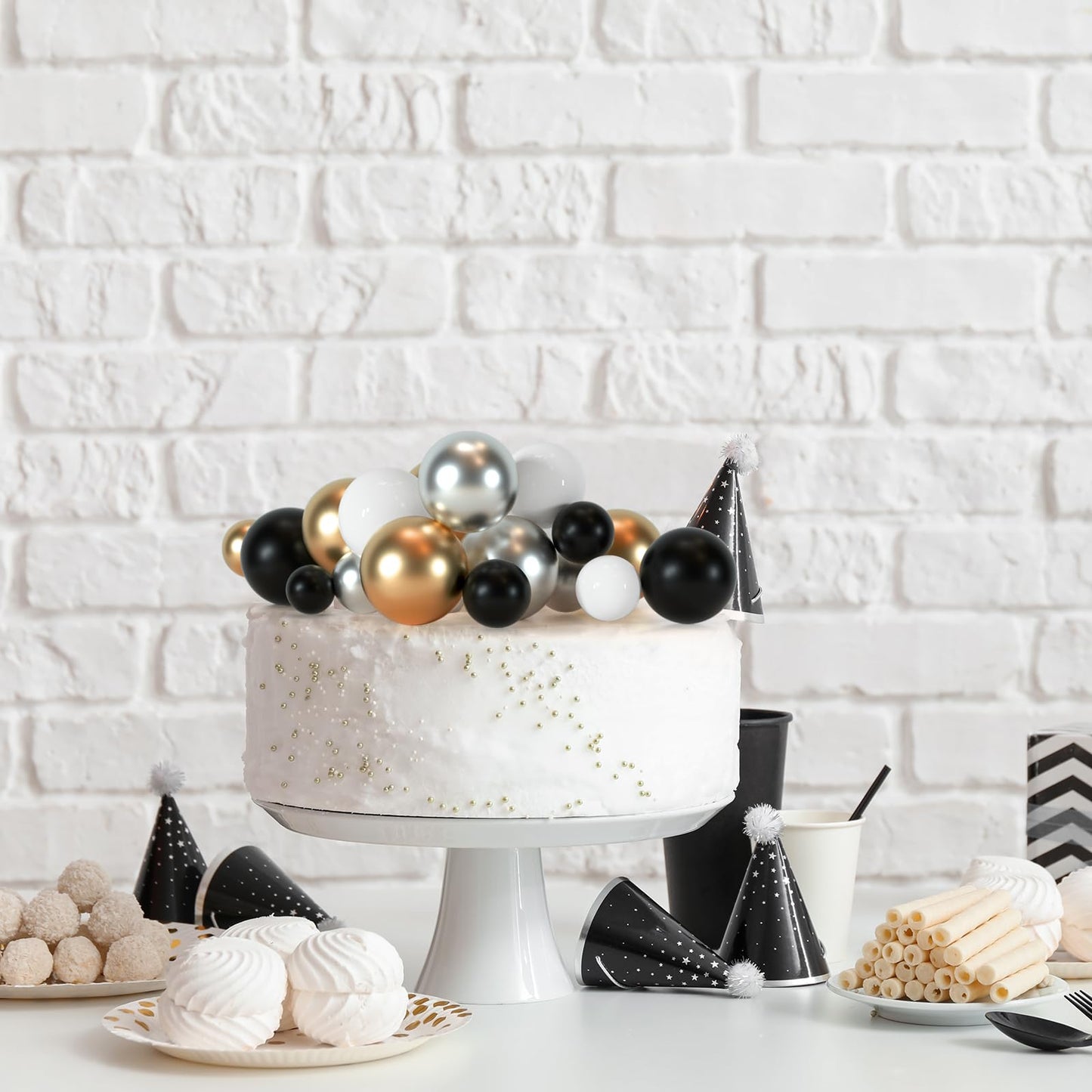 Bouiexye 75 Pieces Cake Balls Topper Decorations – Foam Ball Picks for Cakes (Black, Gold, Silver, White)