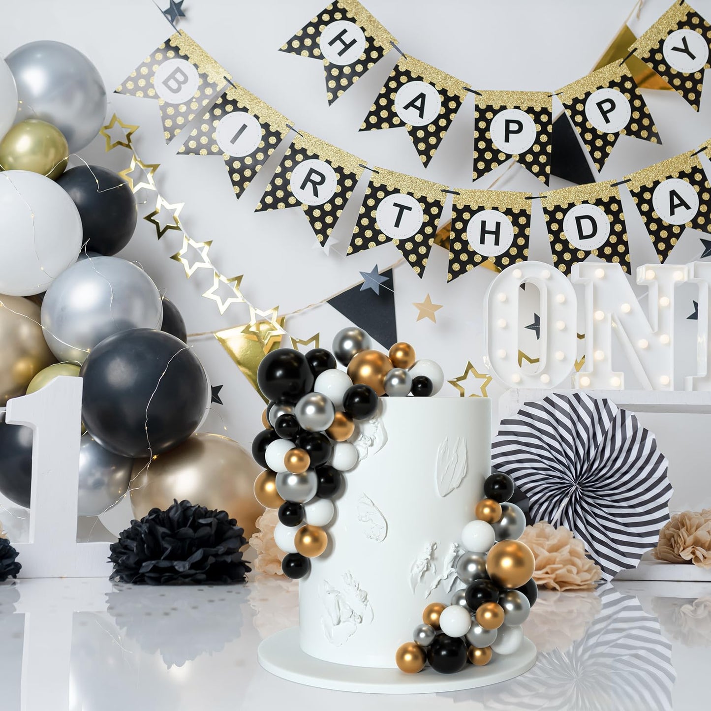 Bouiexye 75 Pieces Cake Balls Topper Decorations – Foam Ball Picks for Cakes (Black, Gold, Silver, White)
