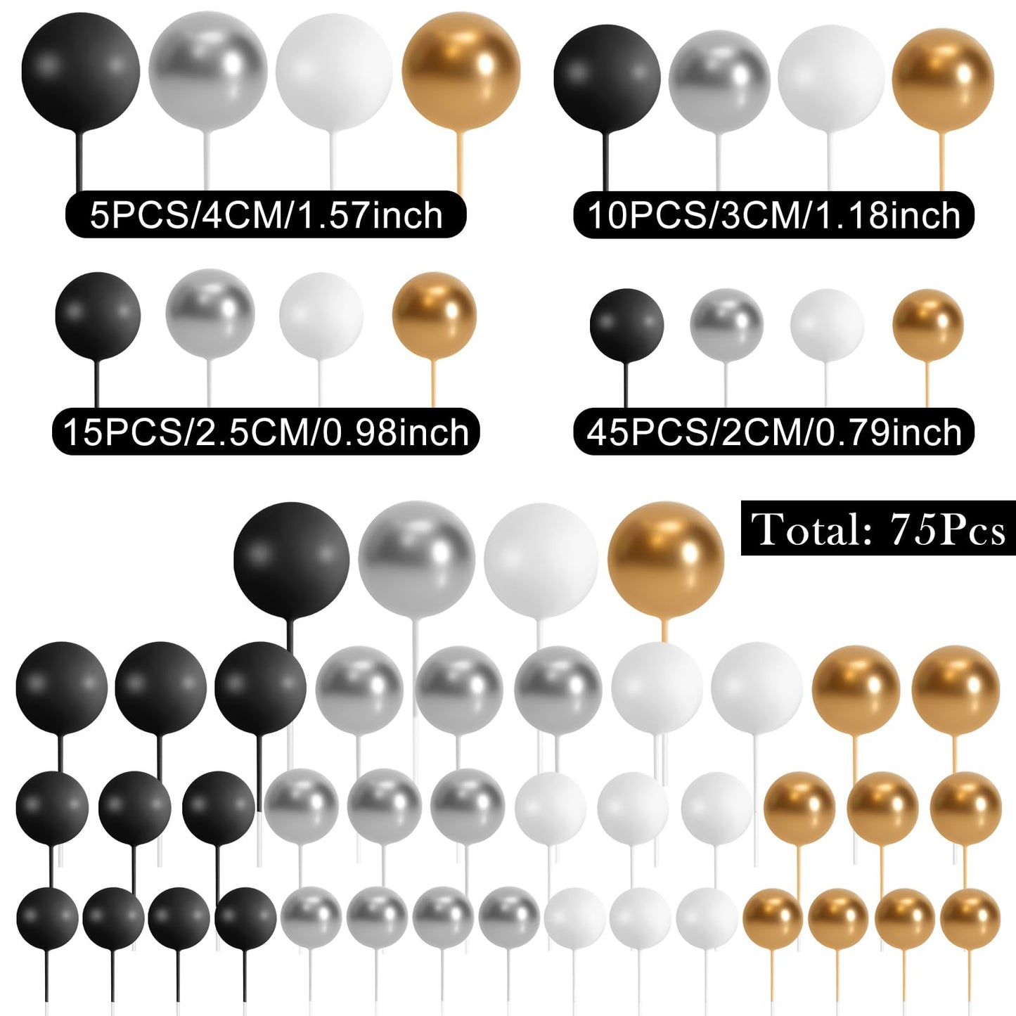 Bouiexye 75 Pieces Cake Balls Topper Decorations – Foam Ball Picks for Cakes (Black, Gold, Silver, White)